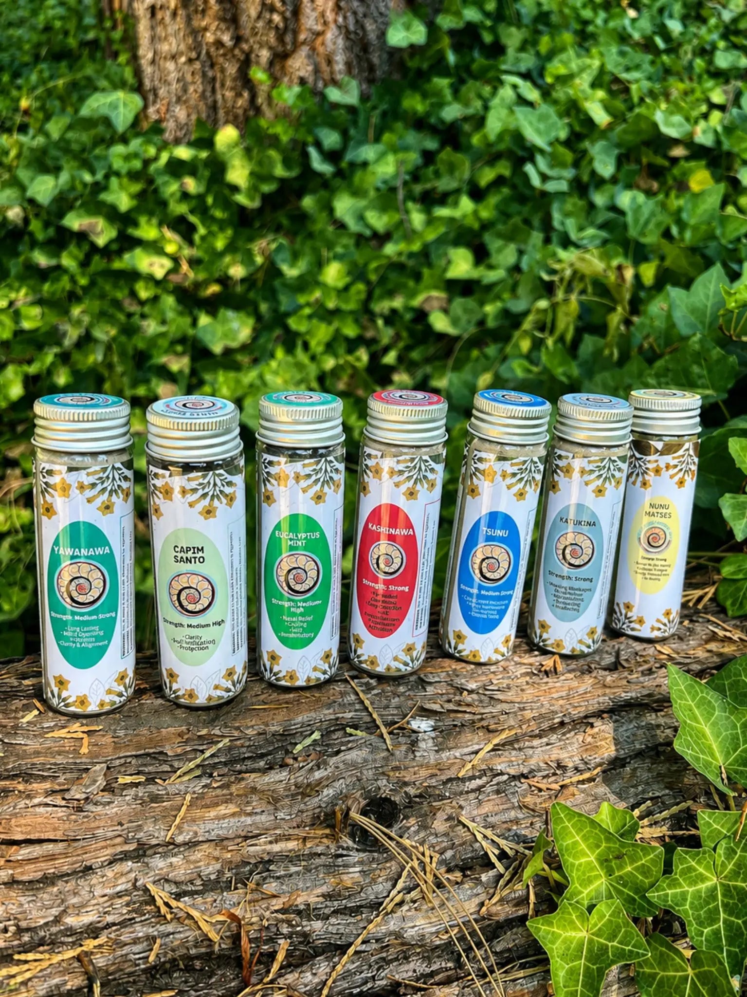 Grounding Hapé blends in medium and strong strengths, including Yawanawá, Capim Santo, Eucalyptus Mint, Kashinawa, Tsunu, Katukina and Nunu Matsés