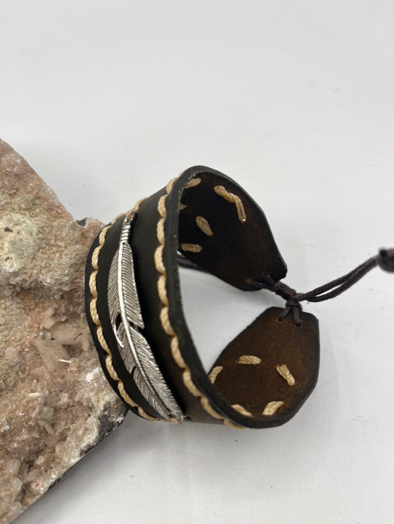 Leather Bracelet with Metal Feather Pendant