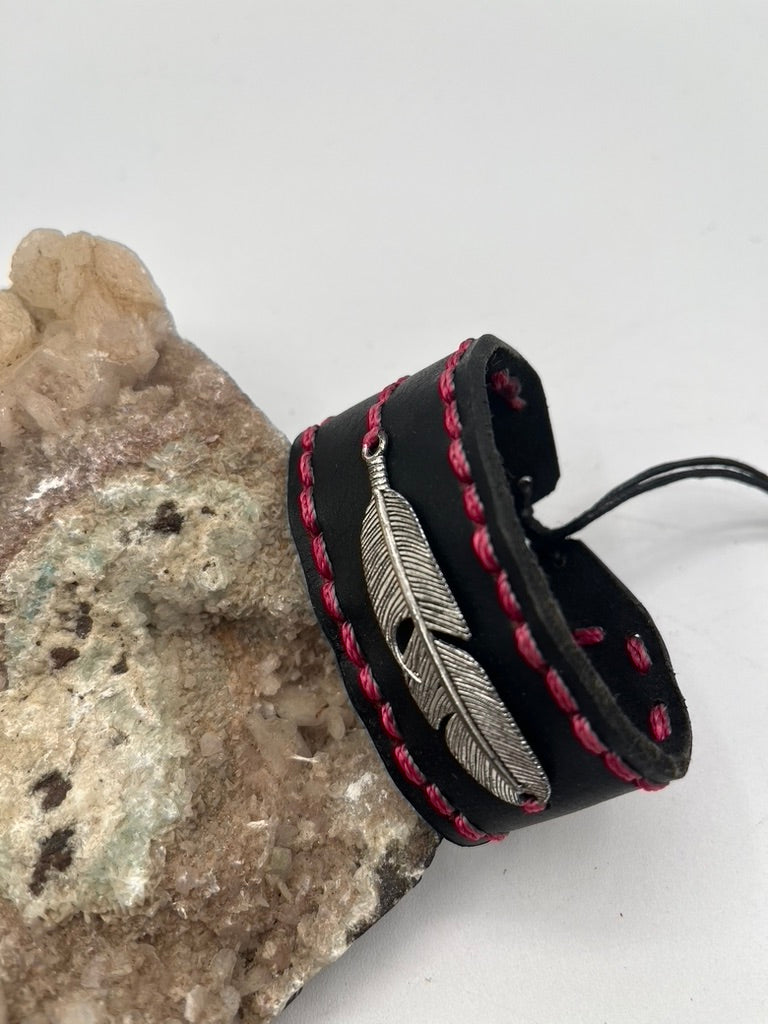 Leather Bracelet with Metal Feather Pendant