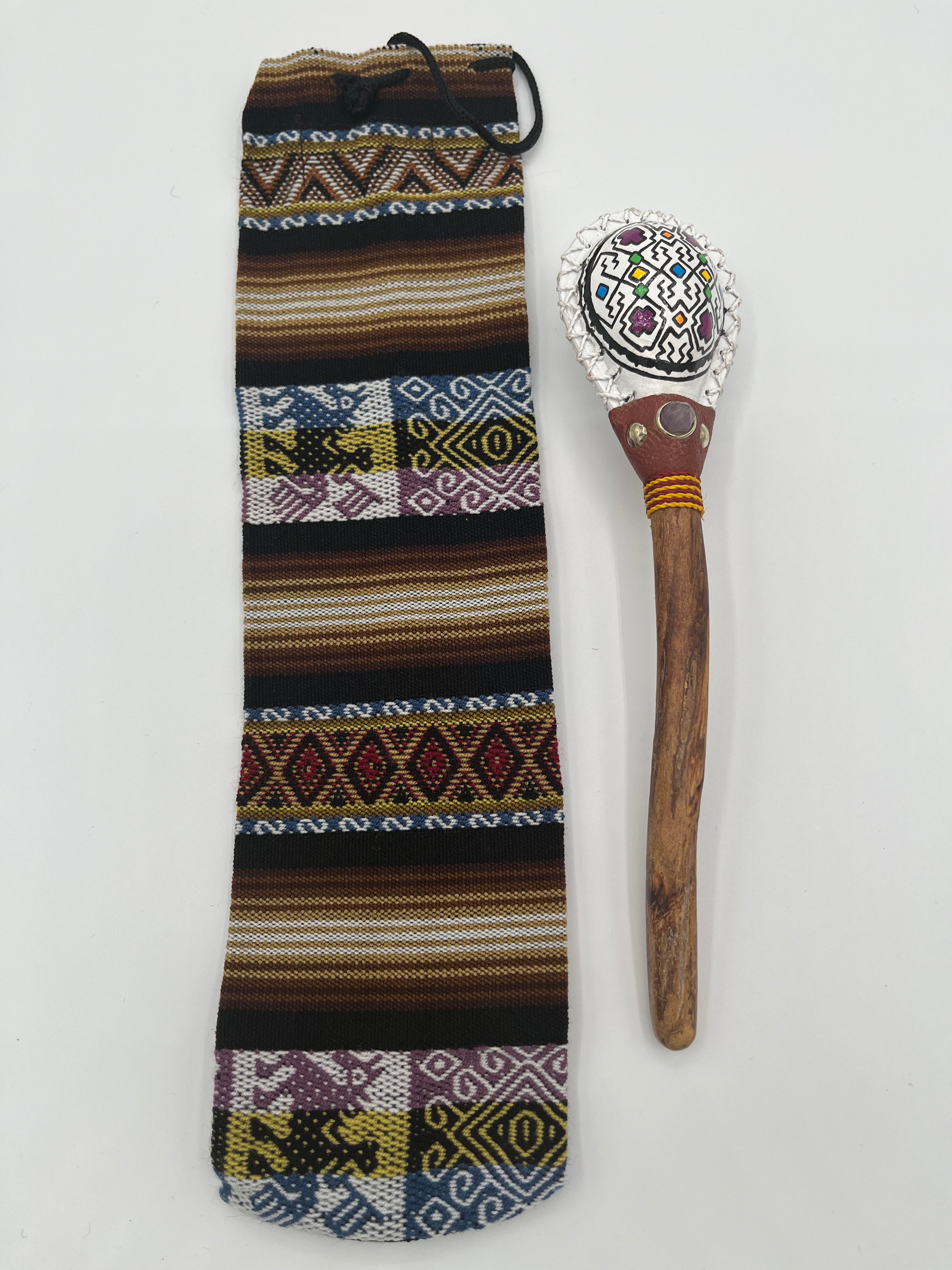 icaros handpainted leather maraca with pouch