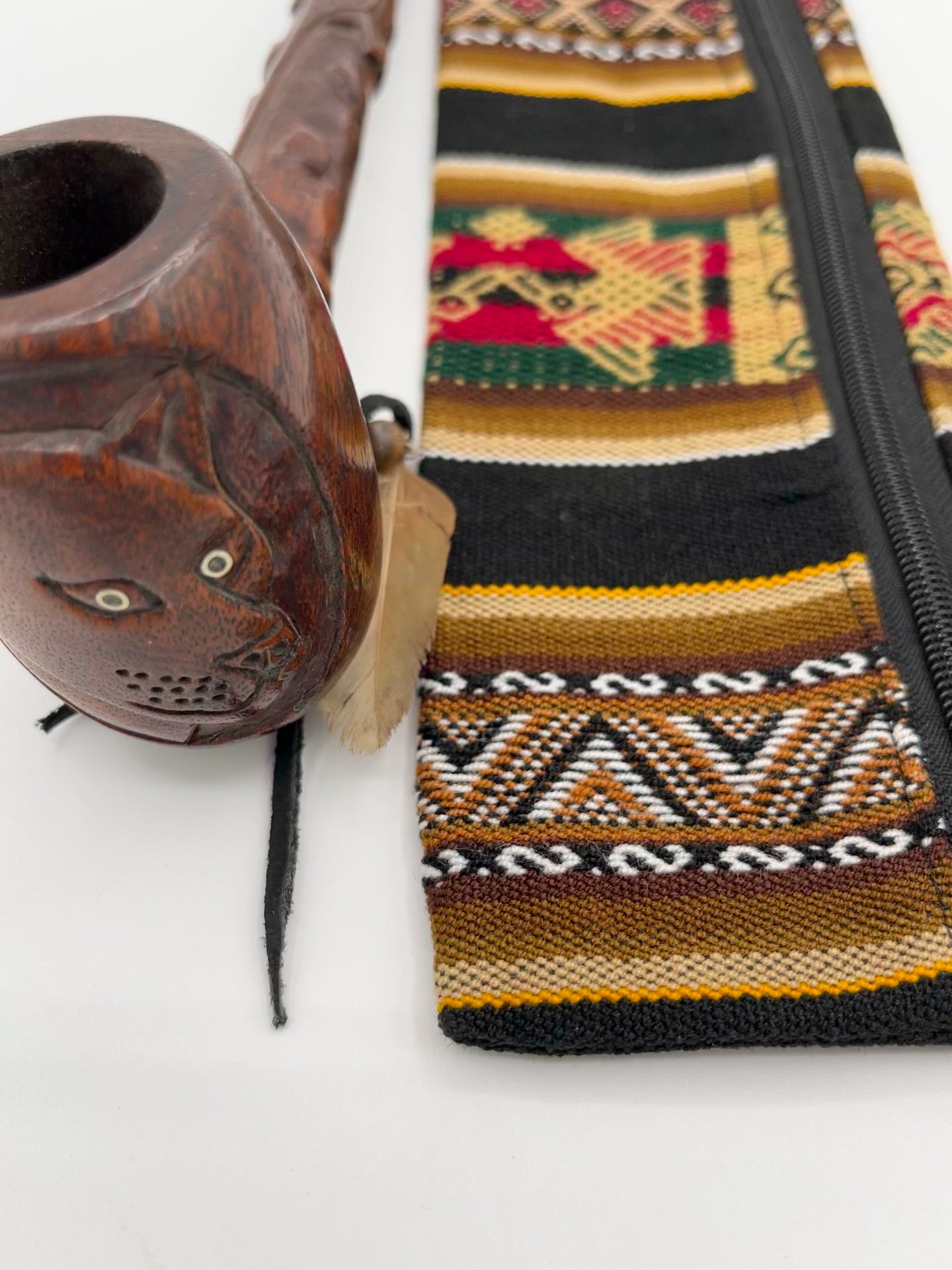 Jaguar spirit peace pipe with woven carrying pouch by Collective Journey Art