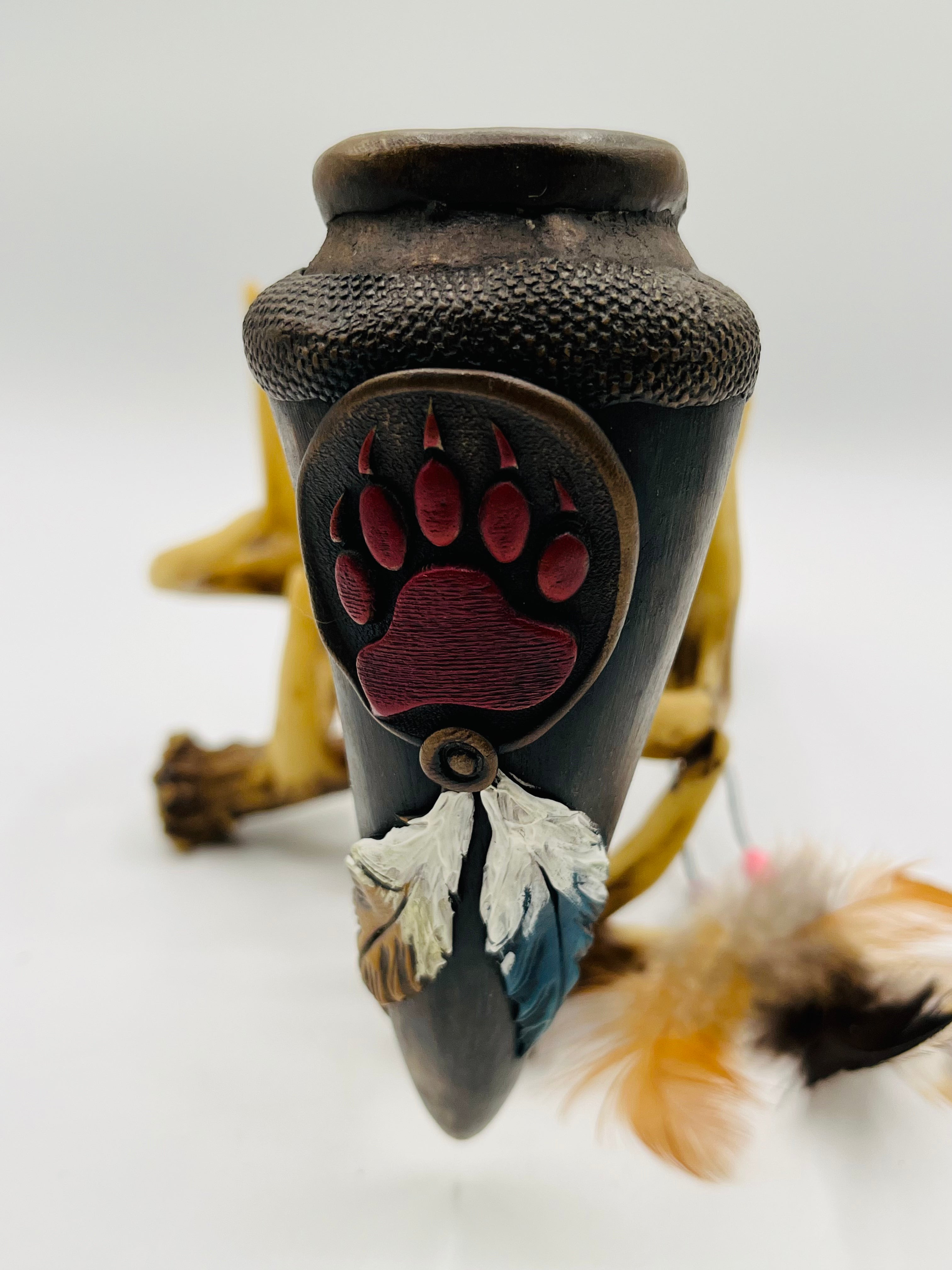 Bear Claw and feather carving on handcrafted bamboo peace pipe