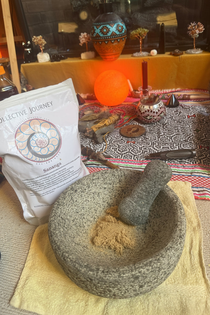 Collective Journey Art freshly makes small-batch Sananga Eye Drop from the root powder in a stone mortar and pestle beside our ceremonial altar space.