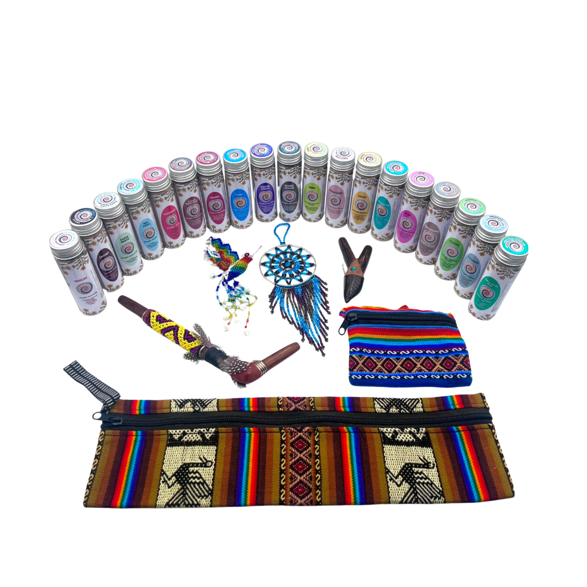 Full collection of Amazonian hapé blends arranged with a woven Indigenous pouch, handcrafted kuripe, tepi, beaded ritual pieces, and ceremonial tools on a white background.”