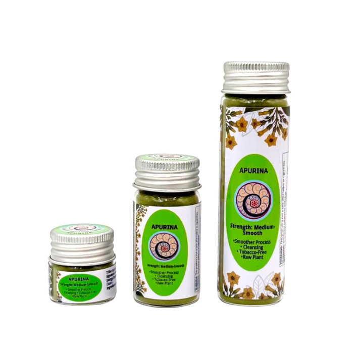 Three jars of Apurinã Hapé Medicine in Small (6g), Medium (16g), and Large (32g) sizes for cleansing.