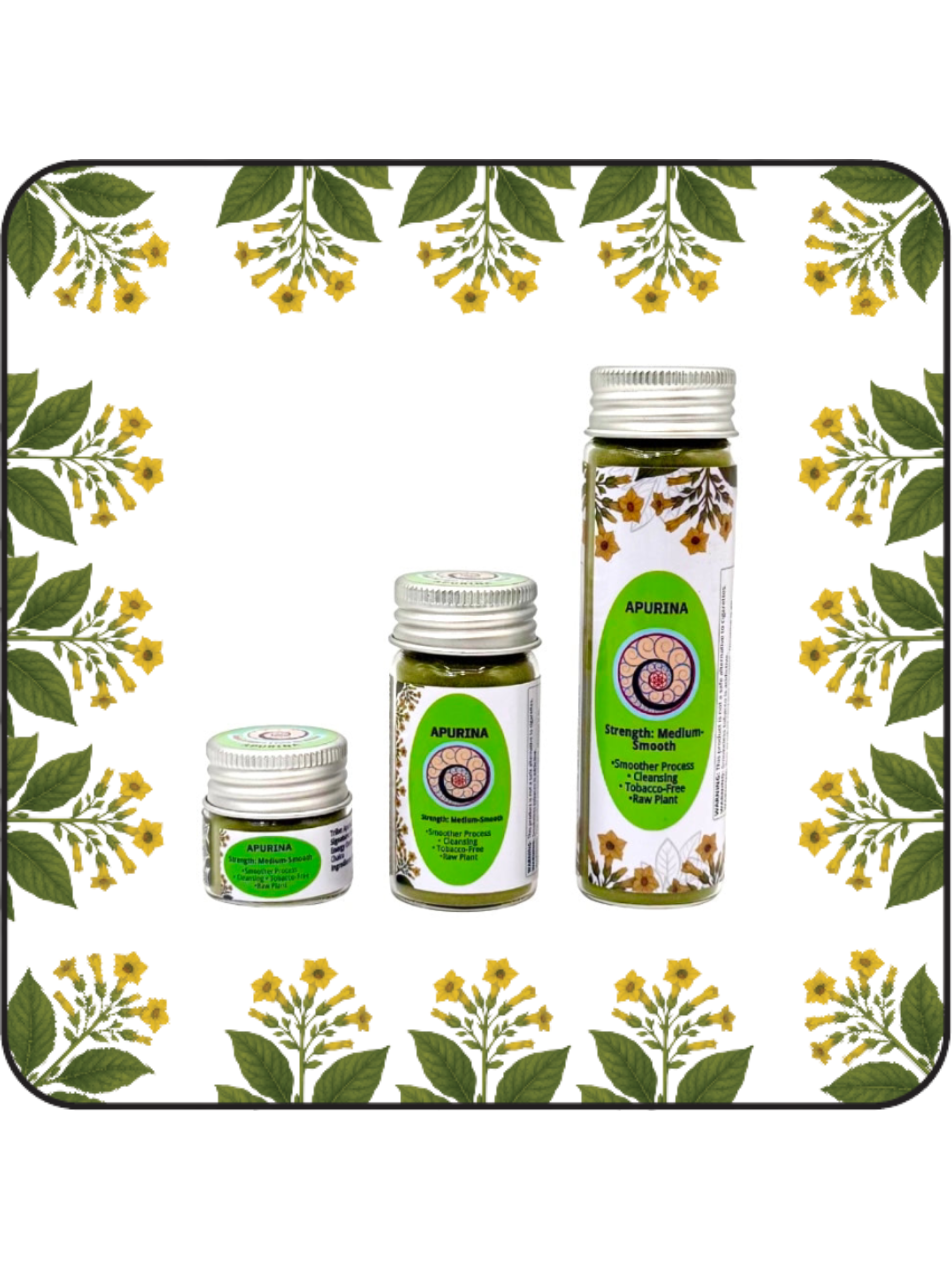Three jars of Apurinã Hapé Medicine in Small (6g), Medium (16g), and Large (32g) sizes for cleansing.