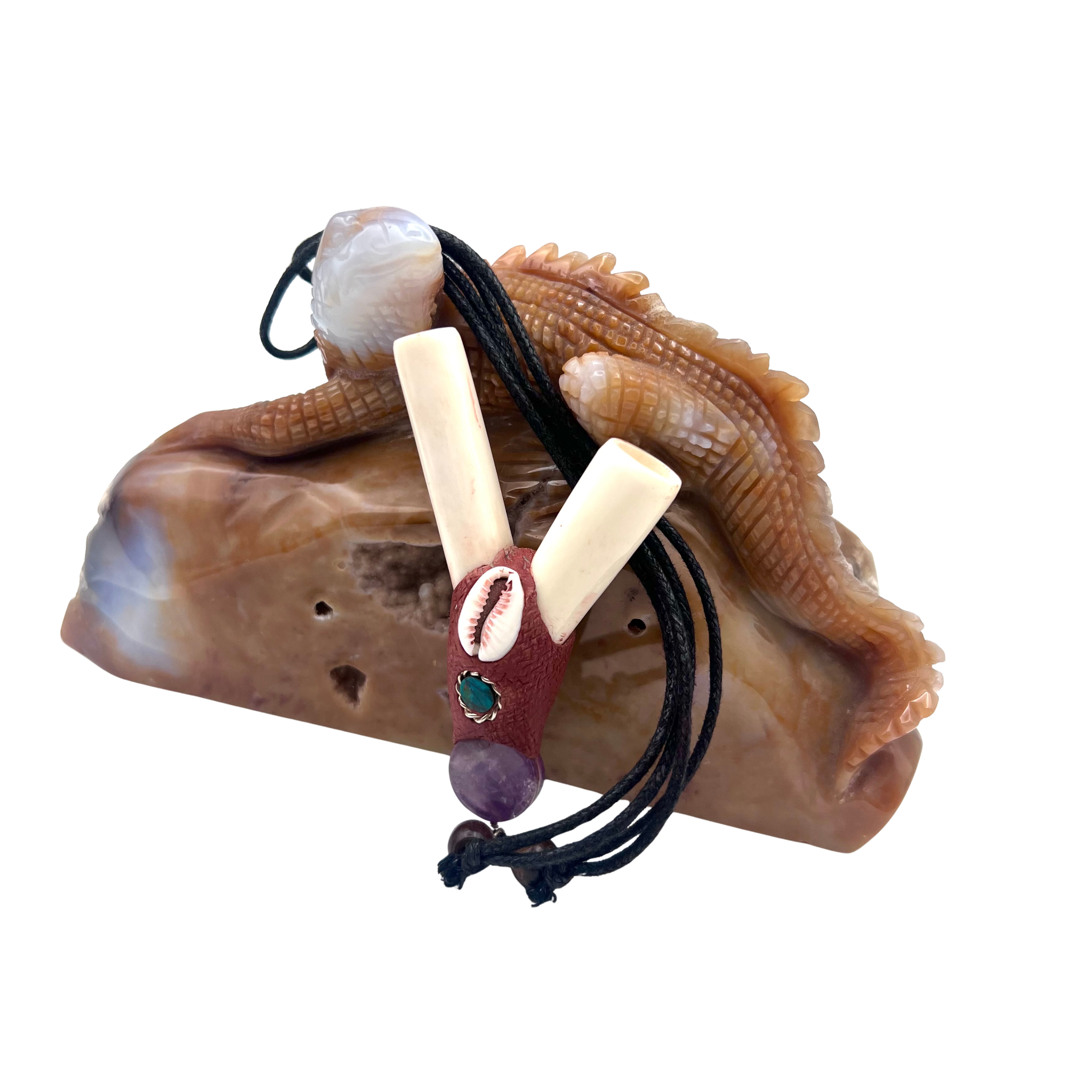 sheep bone kuripe with amethyst self applicator for Hapé medicine, worn as a pendant