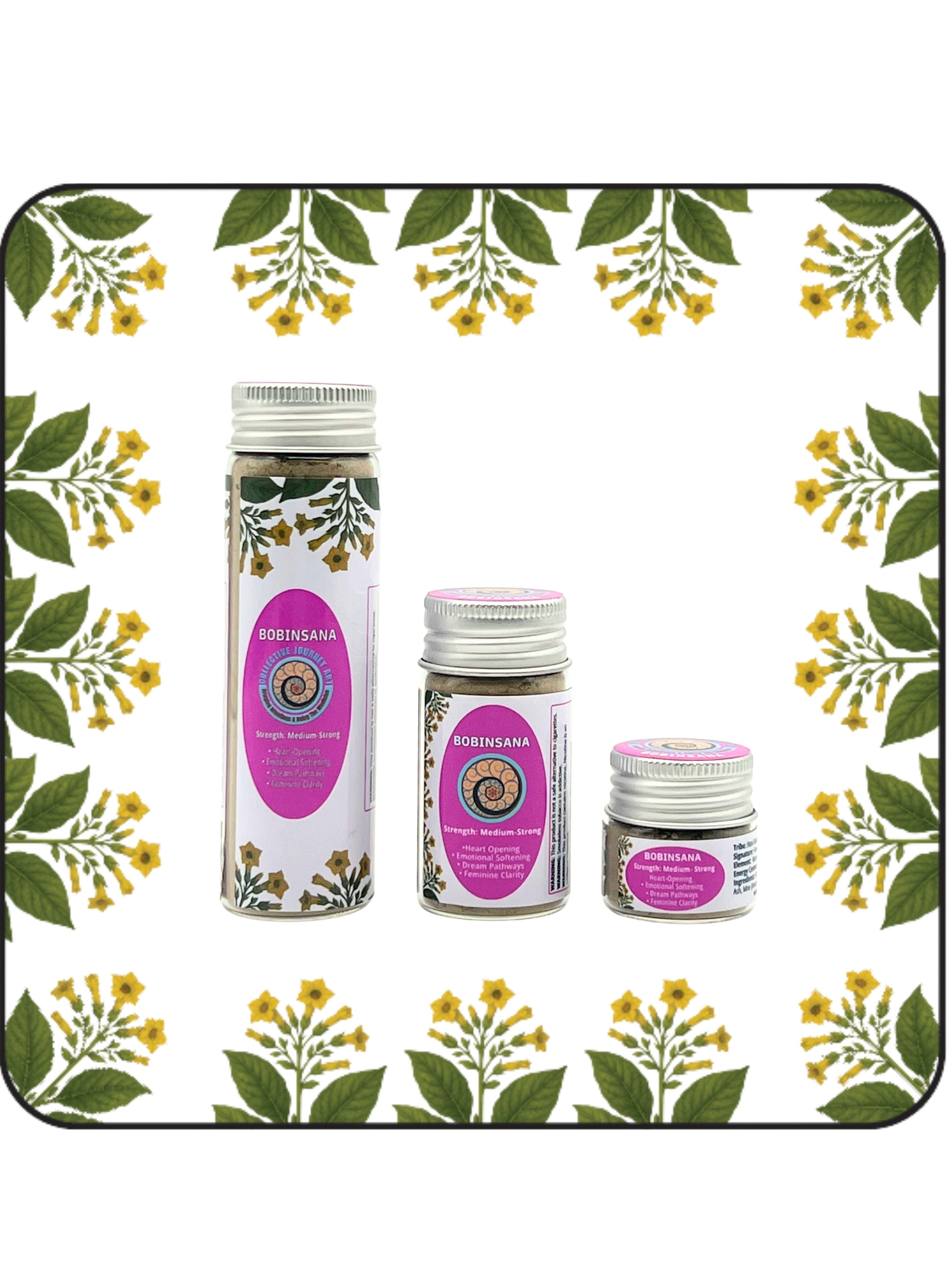 Three bottles of Bobinsana hapé, a Huni Kuin blend for emotional healing, relaxation, and intuitive awareness