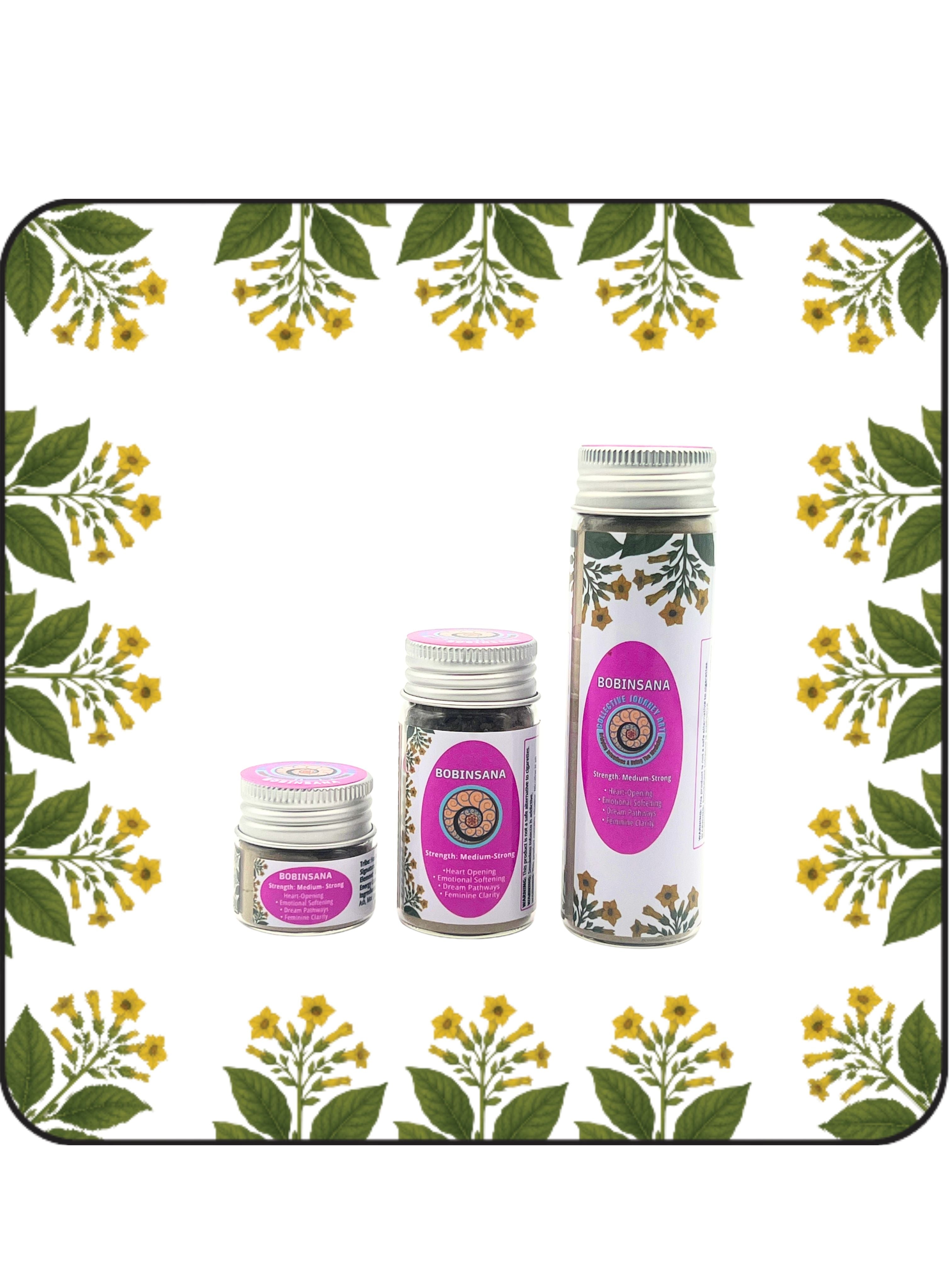 Three bottles of Bobinsana Hapé, Sacred Amazonian Hape in Small (6g), Medium (16g), and Large (32g) sizes for Emotional Balance.