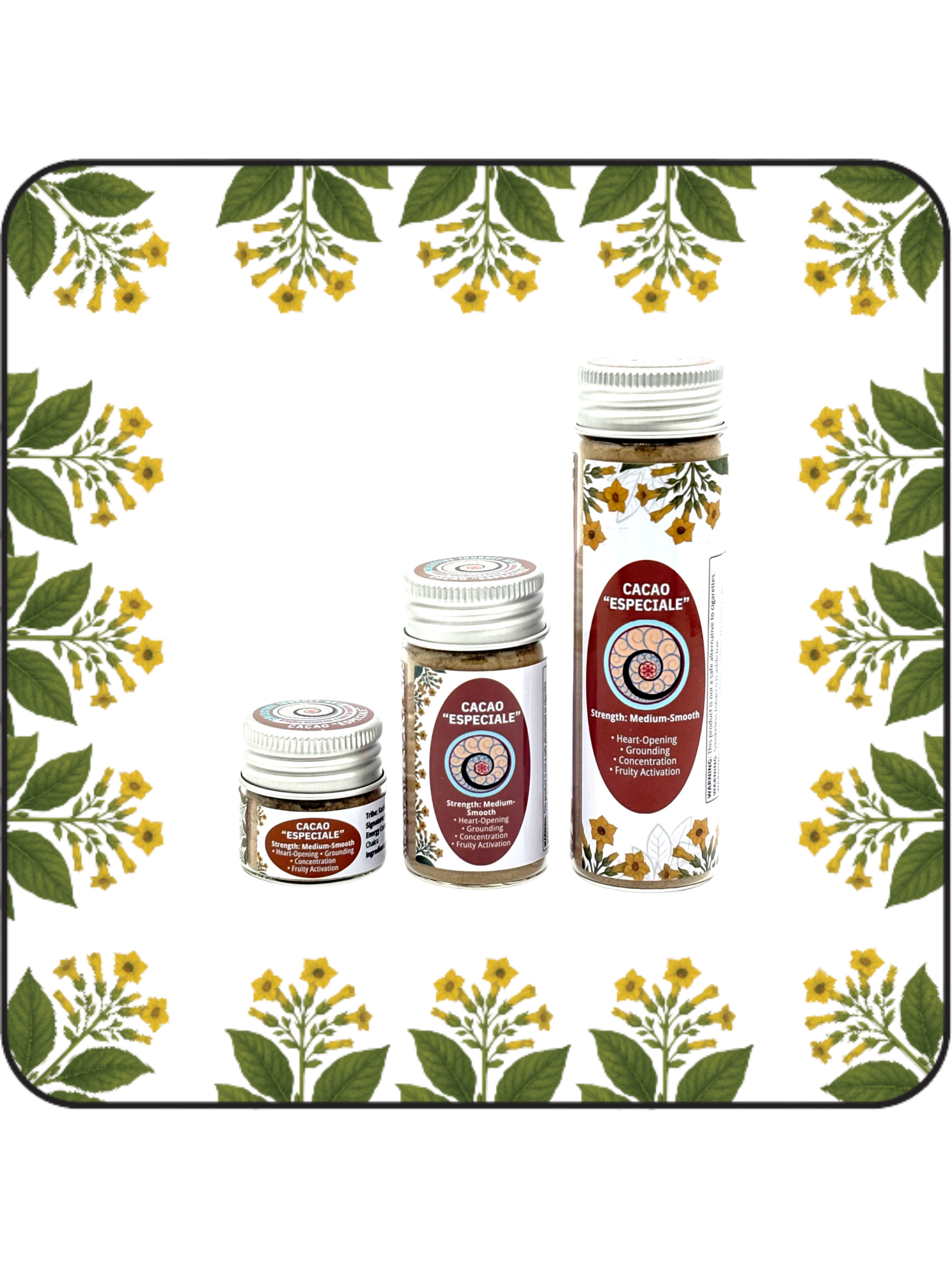 Three jars of Cacao Especiale Hapé in Small (6g), Medium (16g), and Large (32g) sizes for Heart Opening and Concentration