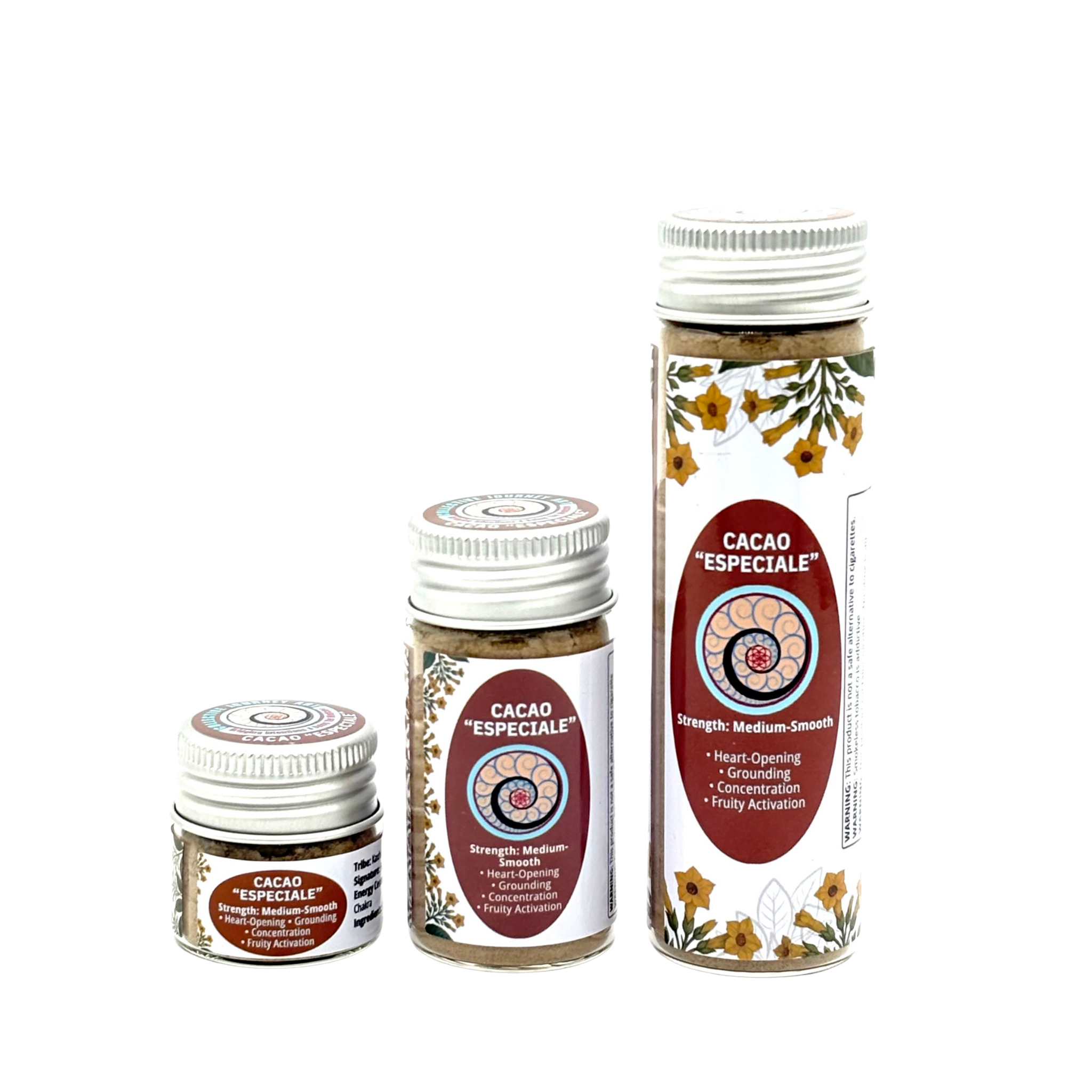 Three jars of Cacao Especiale Hapé in Small (6g), Medium (16g), and Large (32g) sizes for Heart Opening and Concentration
