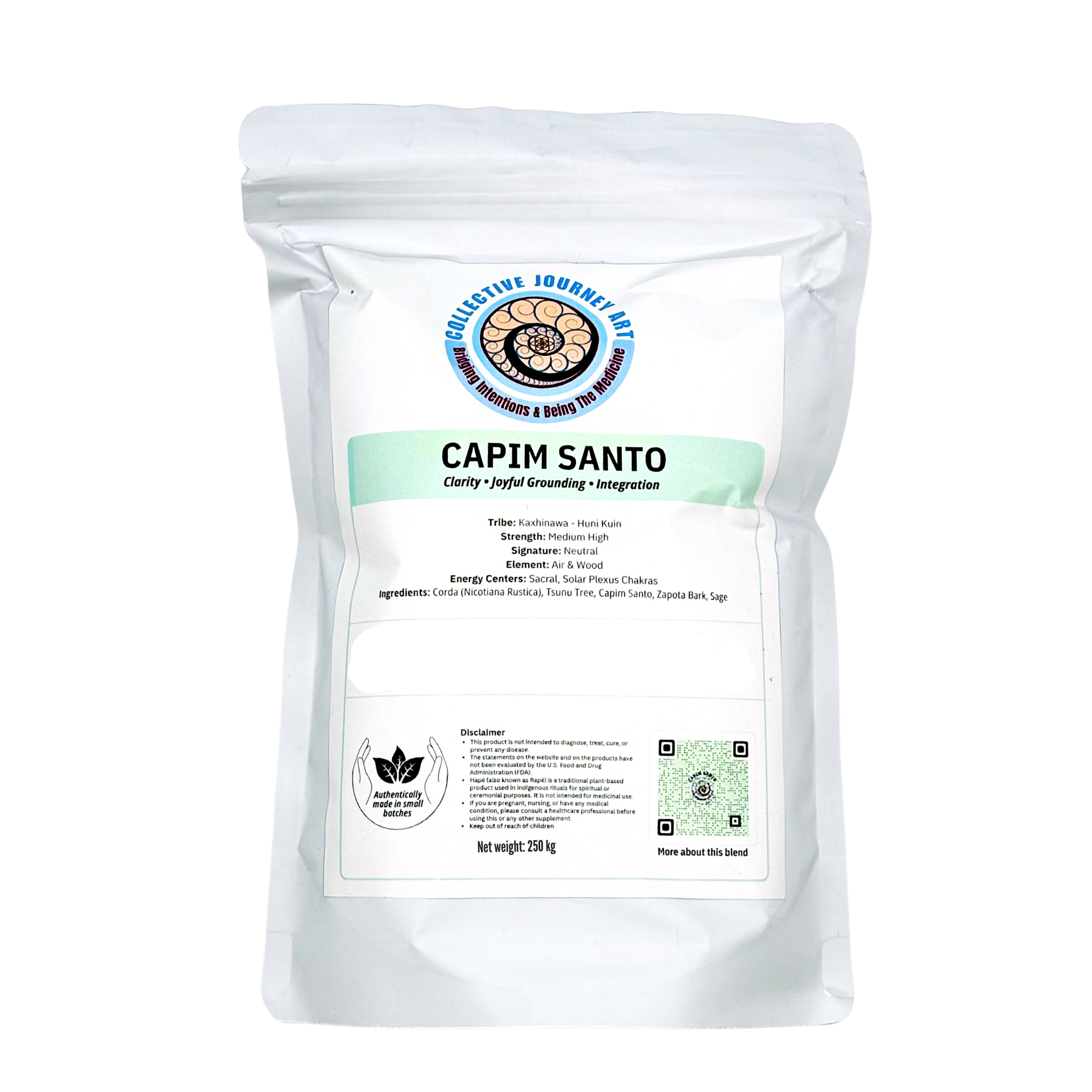 Bulk bag of Capim Santo Hapé Medicine white vacuum-sealed poly bag for Clarity, Grounding and Integration.