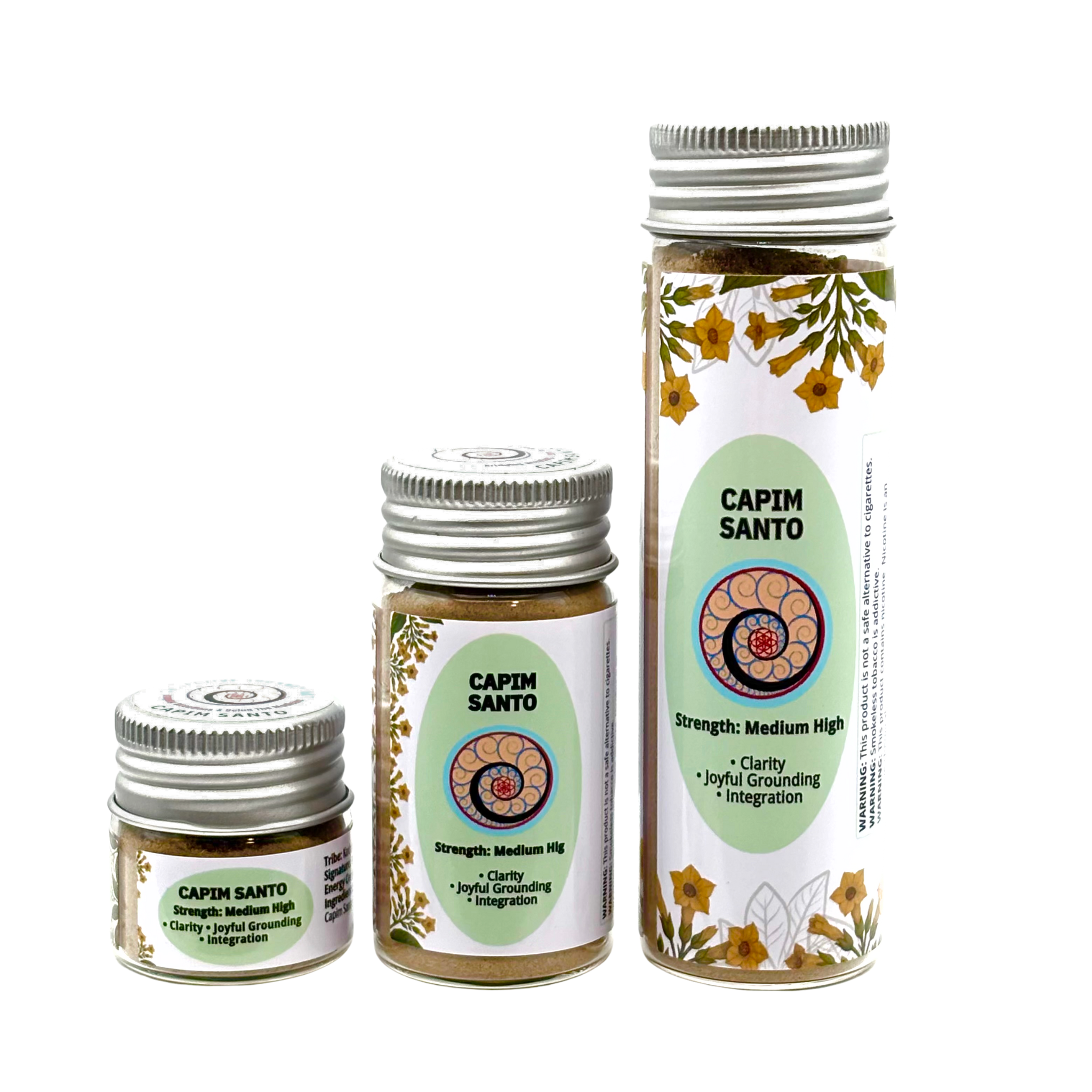 Three jars of Capim Santo Hapé in Small (6g), Medium (16g), and Large (32g) sizes for Clarity, Grounding and Integration.
