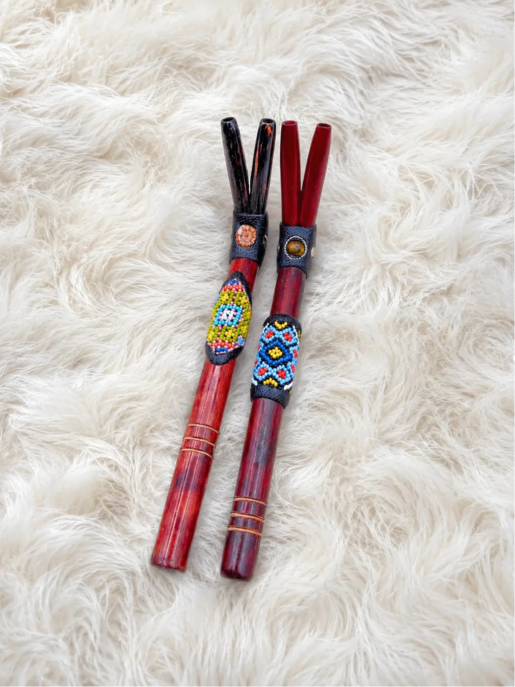 Handcrafted double-nostril bamboo Tepi Hapé applicators by Collective Journey Art with colorful beadwork, Tiger’s Eye accents, and Palo Sangre or Chonta wood.