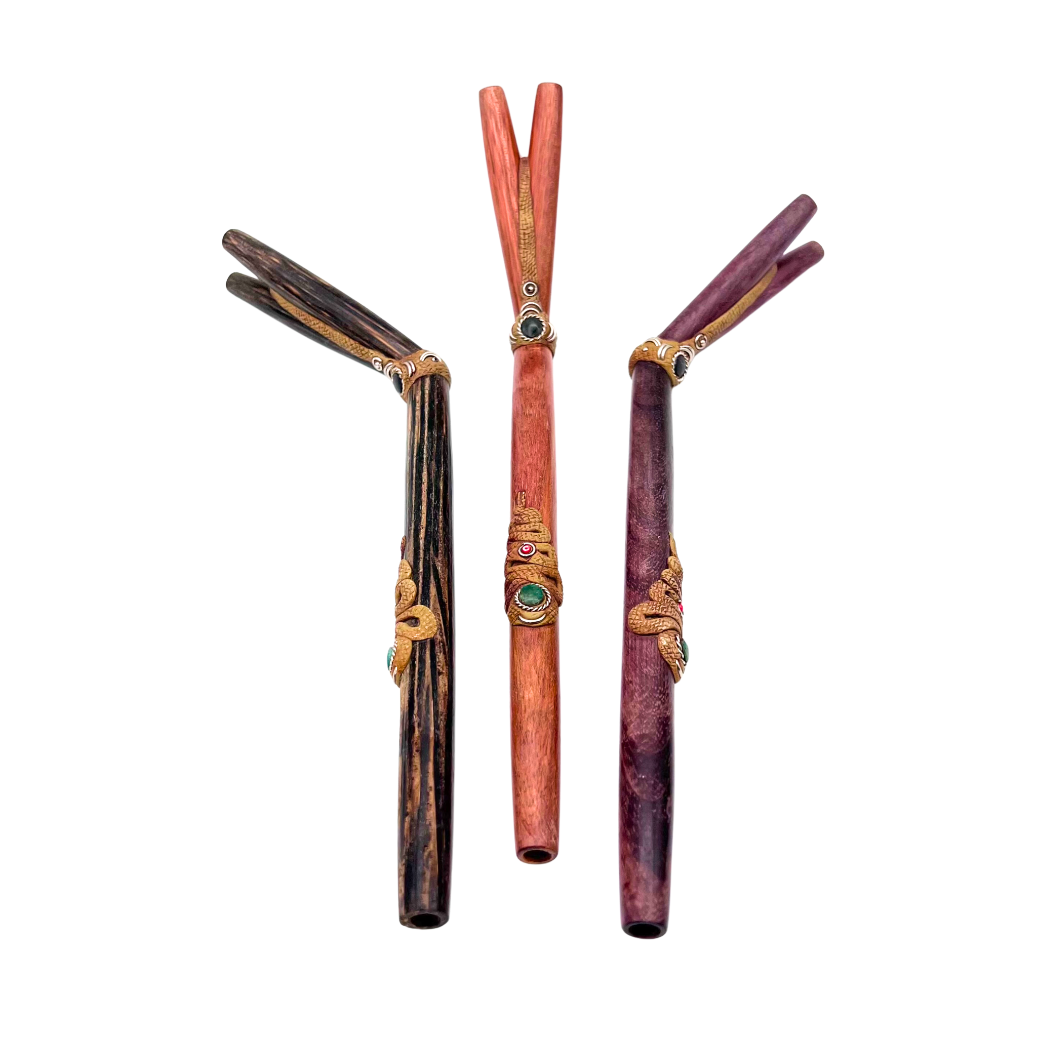 double nostril tepi for sharing hapé medicine in 3 woods, palo rosa, chonta, and palo sangre. has a serpent design