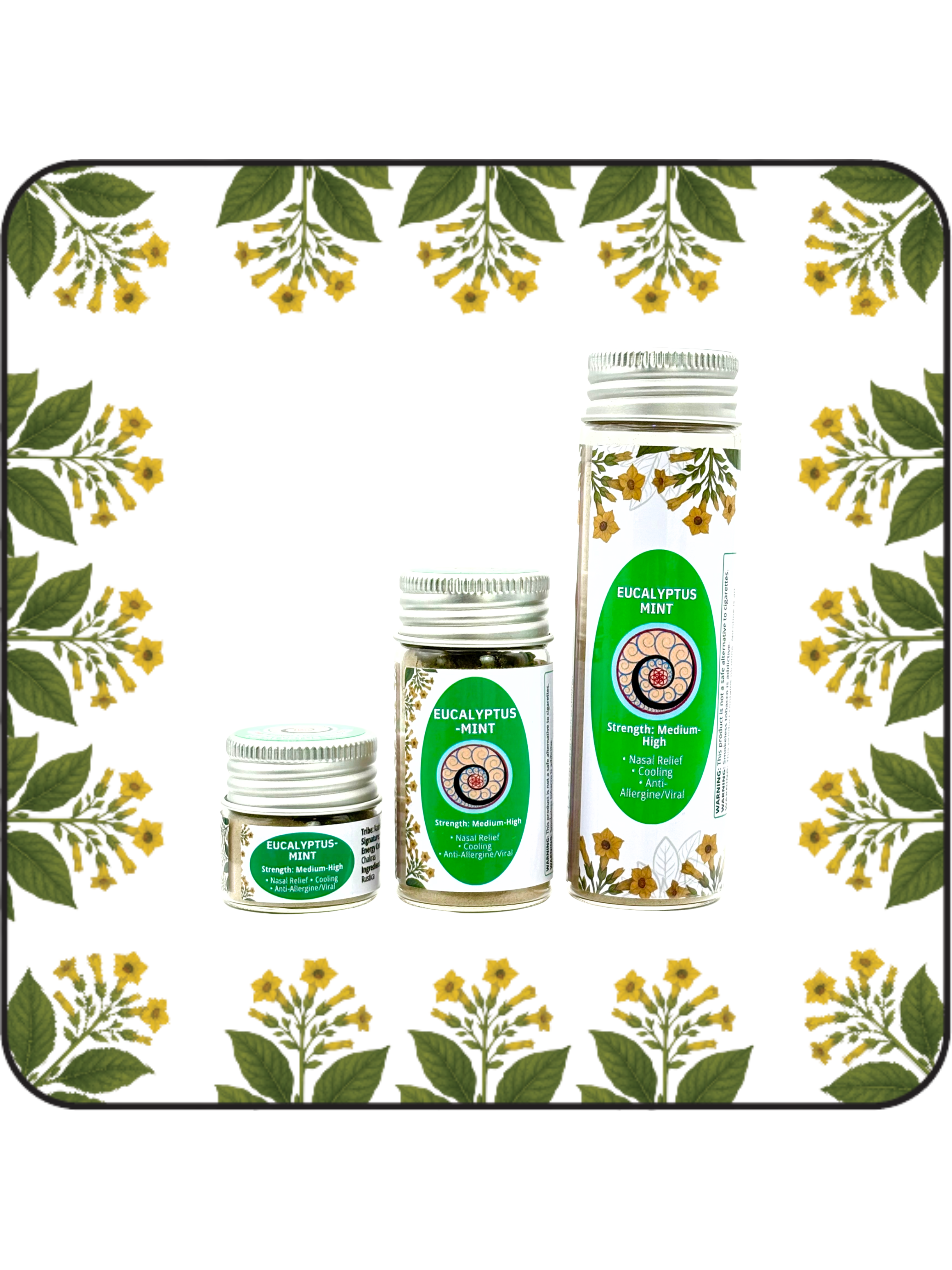 Three jars of Eucalyptus Mint Hapé or rapé in Small (6g), Medium (16g), and Large (32g) sizes. Refreshing, cleansing blend handcrafted for clarity, breath, and nasal relief.