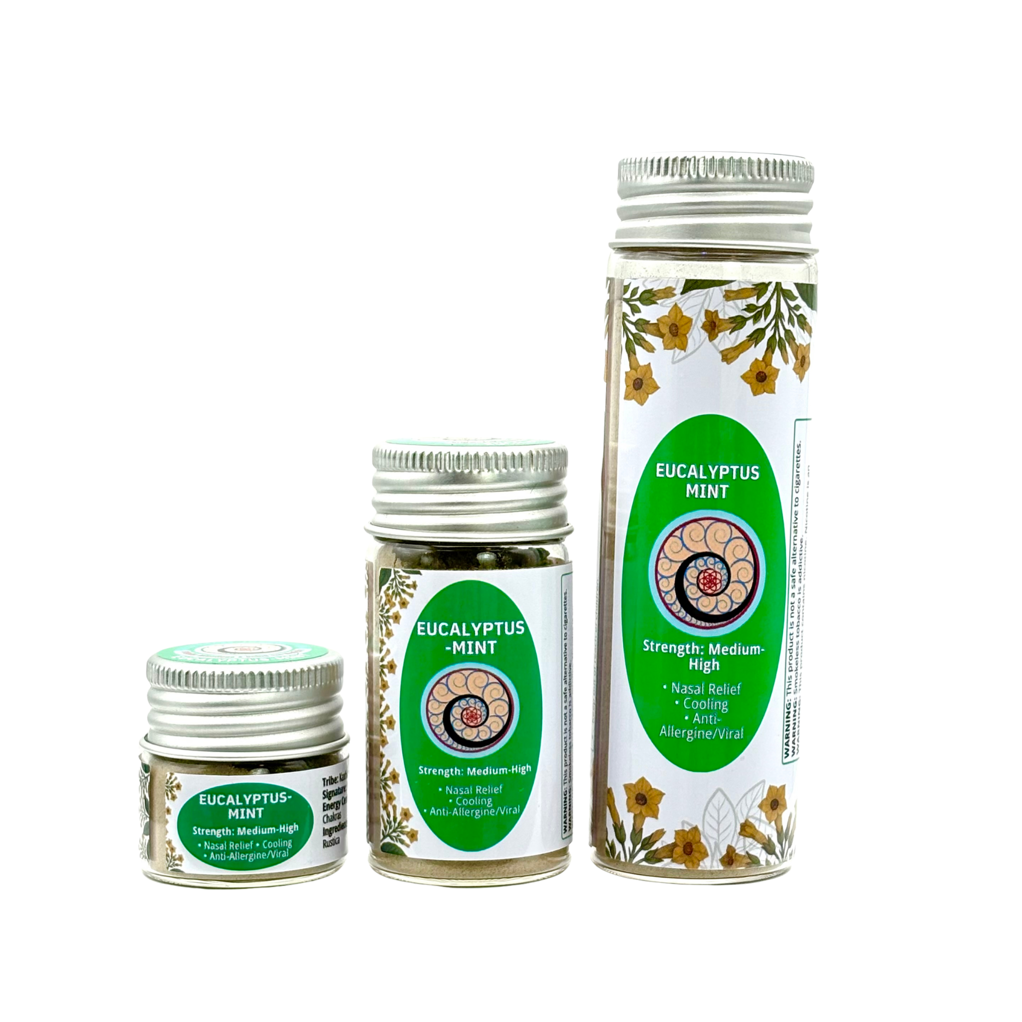 Three jars of Eucalyptus Mint Hapé or rapé in Small (6g), Medium (16g), and Large (32g) sizes. Refreshing, cleansing blend handcrafted for clarity, breath, and nasal relief.