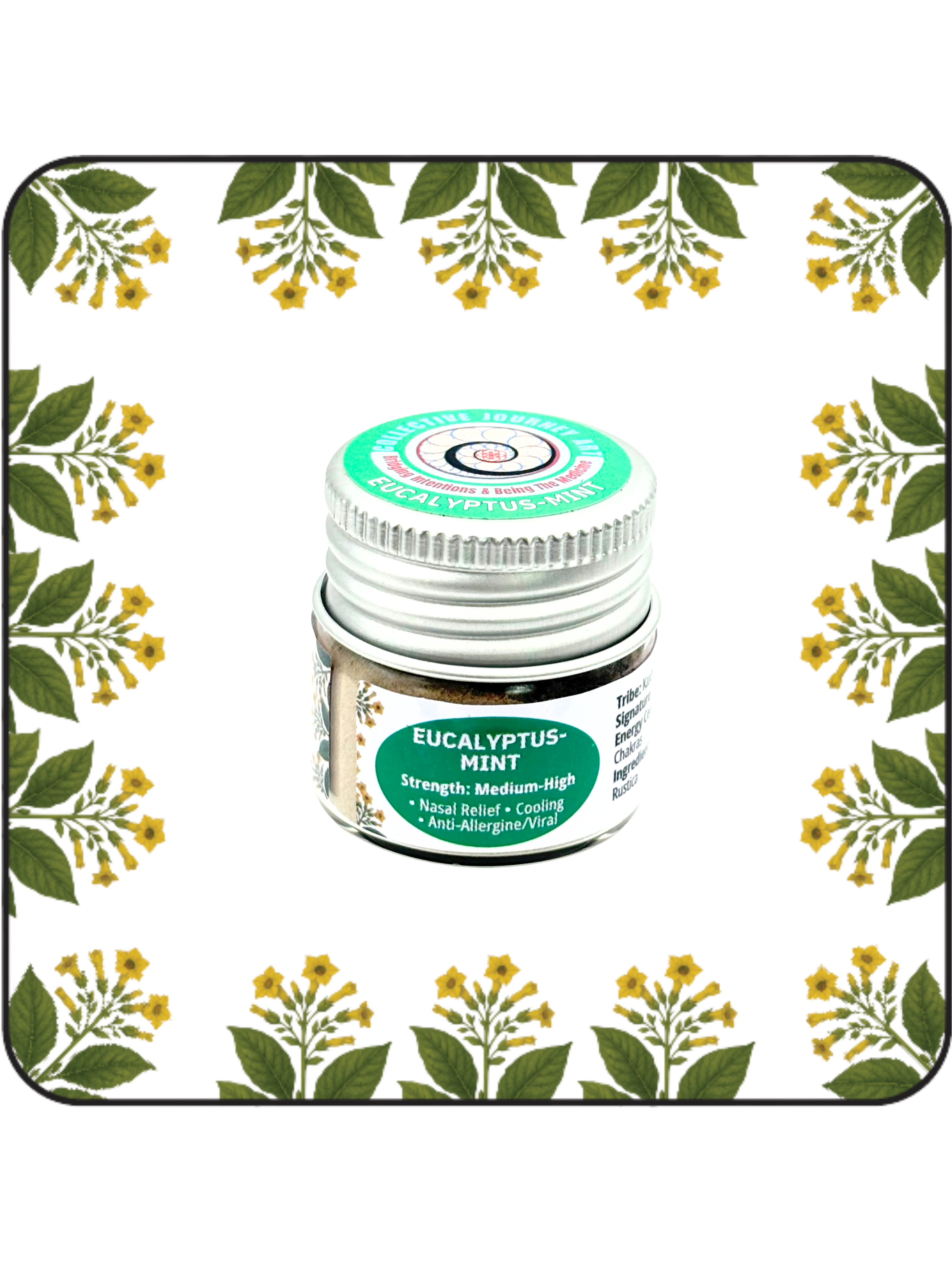 Small 6g Eucalyptus Mint hapé (rapé) jar by Collective Journey Art – authentic Amazonian forest medicine blend. Refreshing, cleansing blend handcrafted for clarity, breath, and nasal relief.