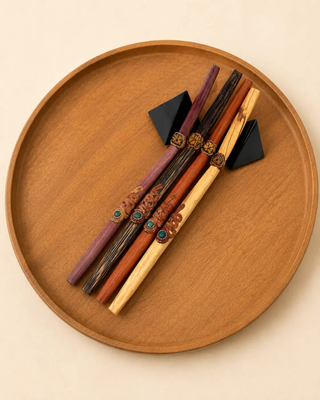 Handcrafted Serpent Tepi Hapé serving applicators by Collective Journey Art in Palo Sangre, Rosewood, Palo Santo, and Chonta wood.
