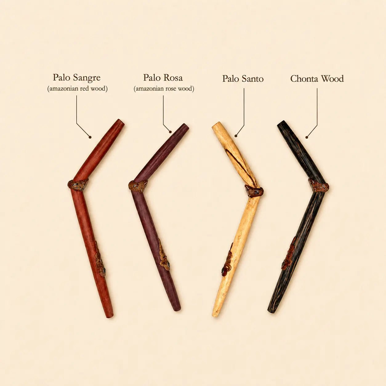 Four handcrafted Serpent Tepi Hapé serving applicators in Palo Sangre, Palo Rosa, Palo Santo, and Chonta wood, labeled to show the natural wood variants.