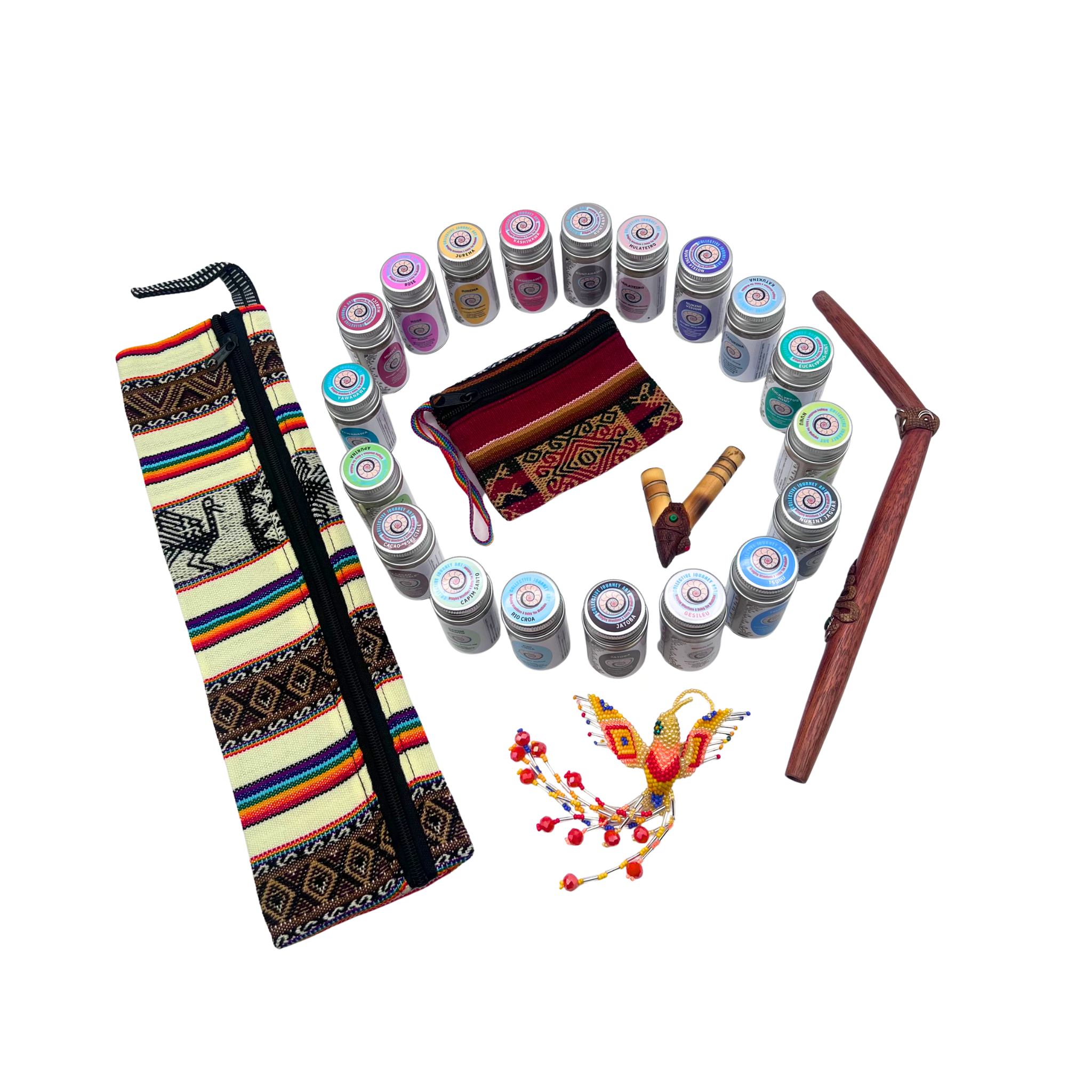 Full Hapé Kit Medium Jar (16g) Bundle by Collective Journey Art — featuring 19 Amazonian hapé blends arranged in a circle with wooden applicators, woven artisan pouches, and a colorful beaded bird charm on a white background.