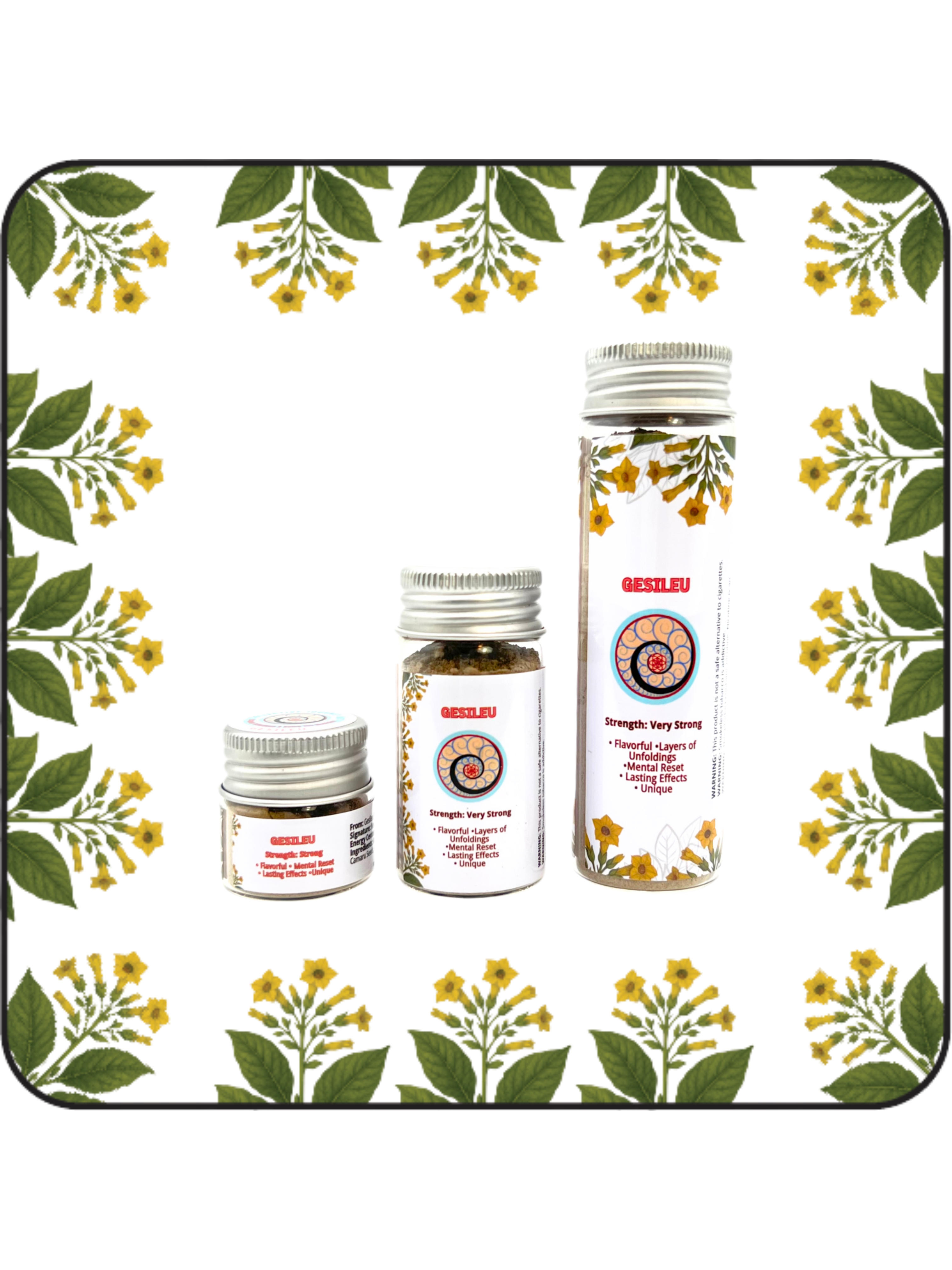 Three jars of Gesileu Hapé or Rapé in Small (6g), Medium (16g), and Large (32g) sizes for meditation & mental reset, unique blend.