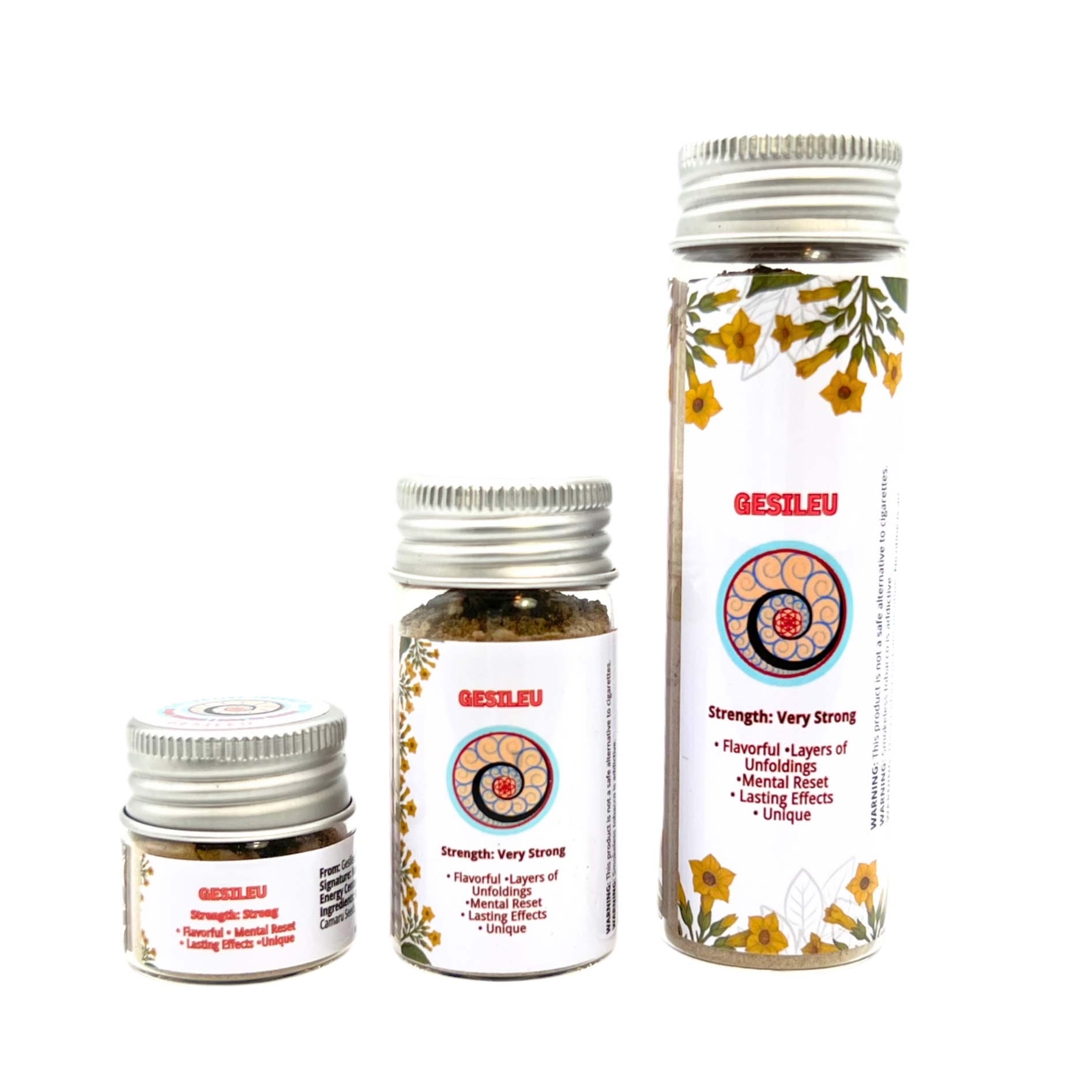 Three jars of Gesileu Hapé or Rapé in Small (6g), Medium (16g), and Large (32g) sizes for meditation & mental reset, unique blend.