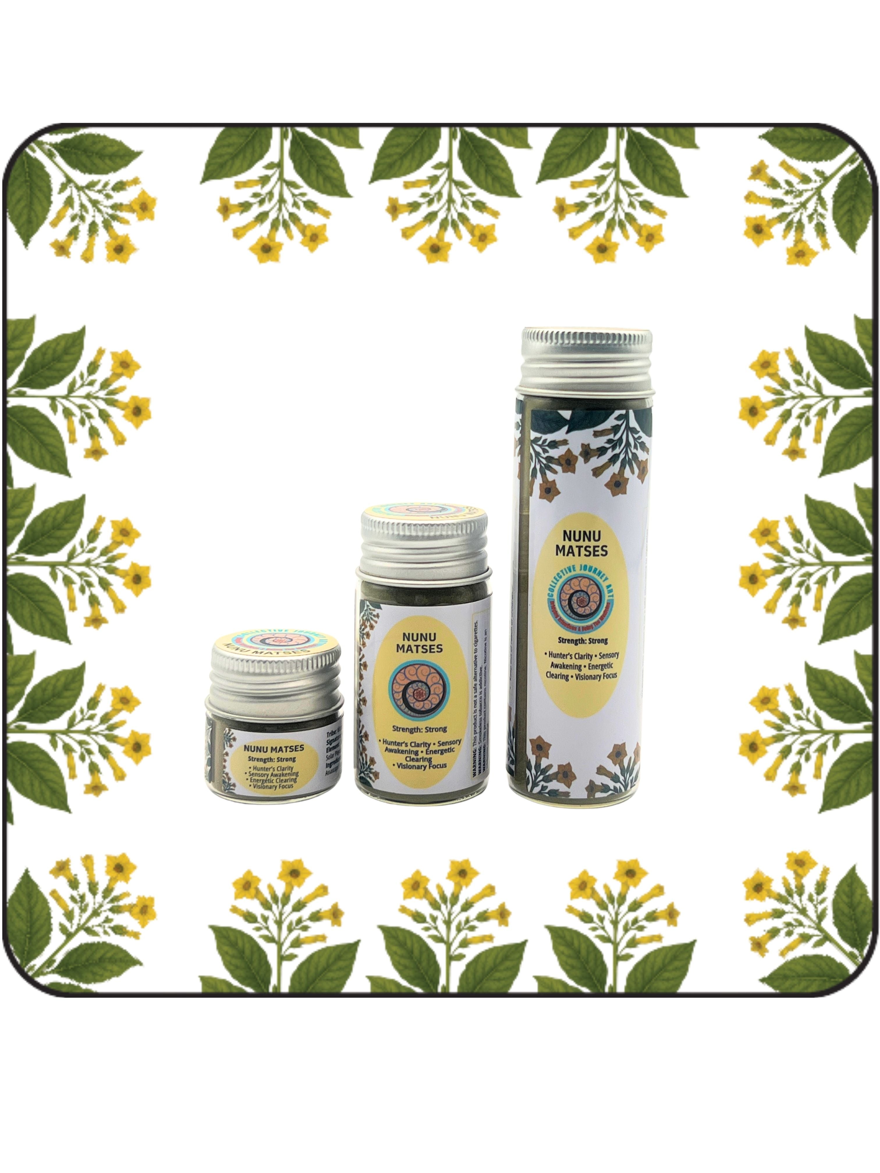 Three bottles of Nunu Matses Sacred Amazonian Hape in Small (6g), Medium (16g), and Large (32g) sizes for clarity and precision.