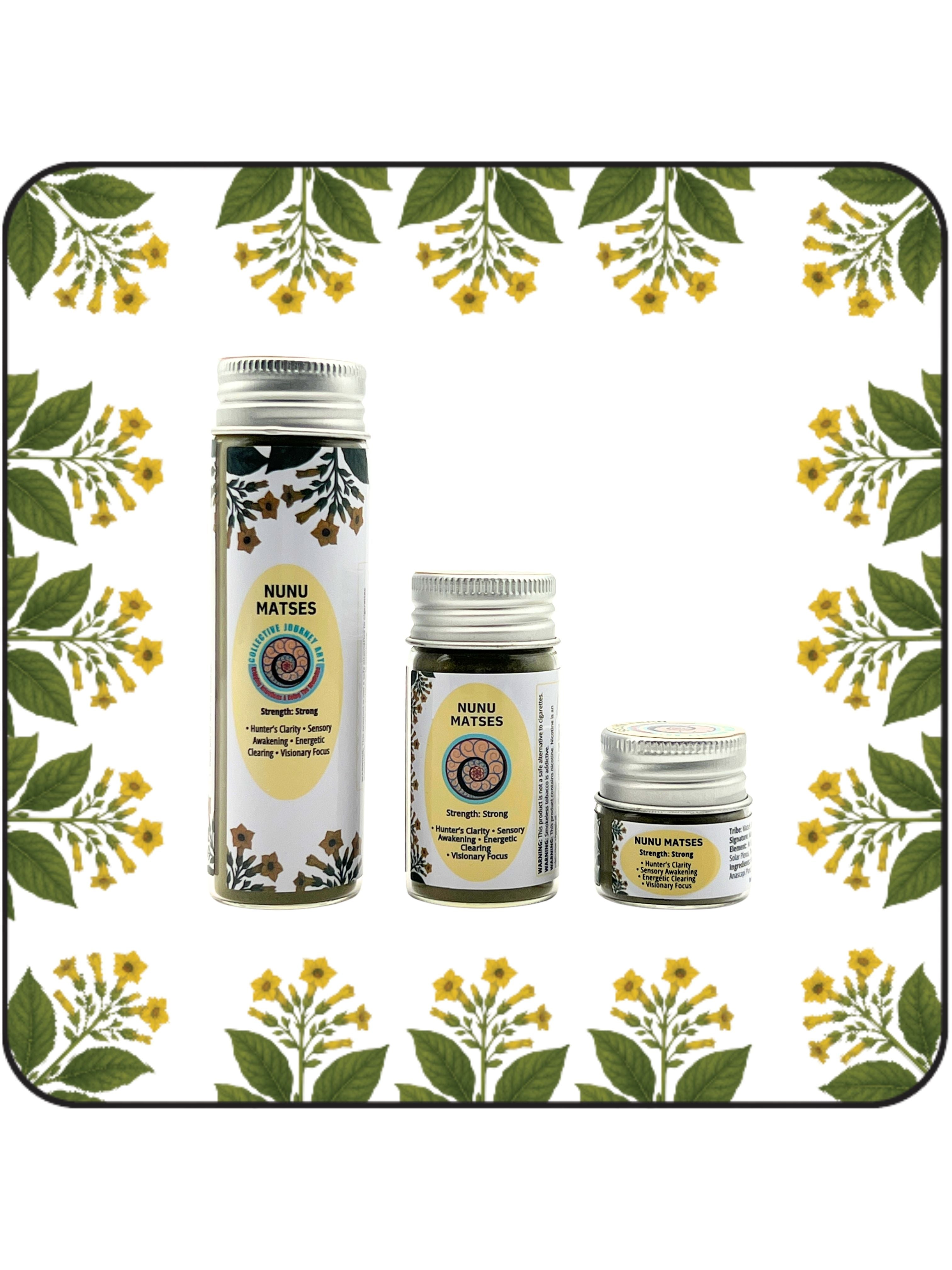 Three bottles of Nunu Matsés hapé, a strong Amazonian blend used for sensory awakening, focus, and ceremonial preparation