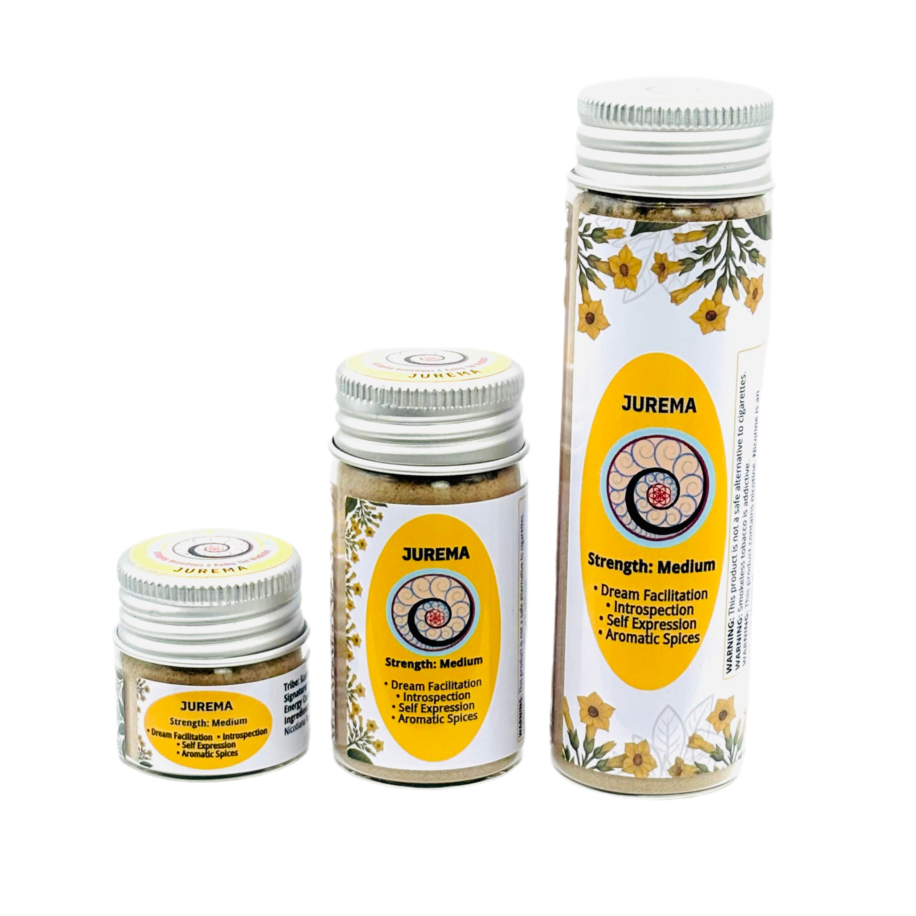 Three Hapé Jurema Rapé bottles in small, medium, and large sizes on a white background — handcrafted Amazonian blend from Collective Journey Art.