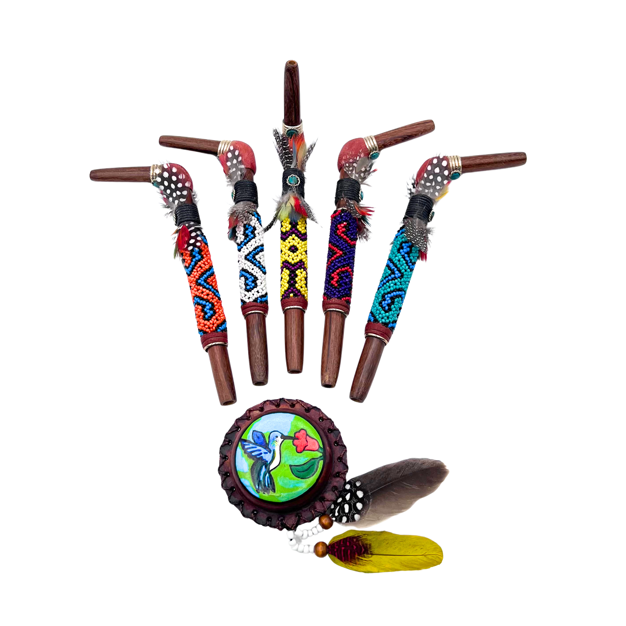 Handcrafted Indigenous Tepi made from black wood and decorated with colorful Shipibo beadwork — a vibrant ceremonial applicator symbolizing prayer, protection, and sacred connection.