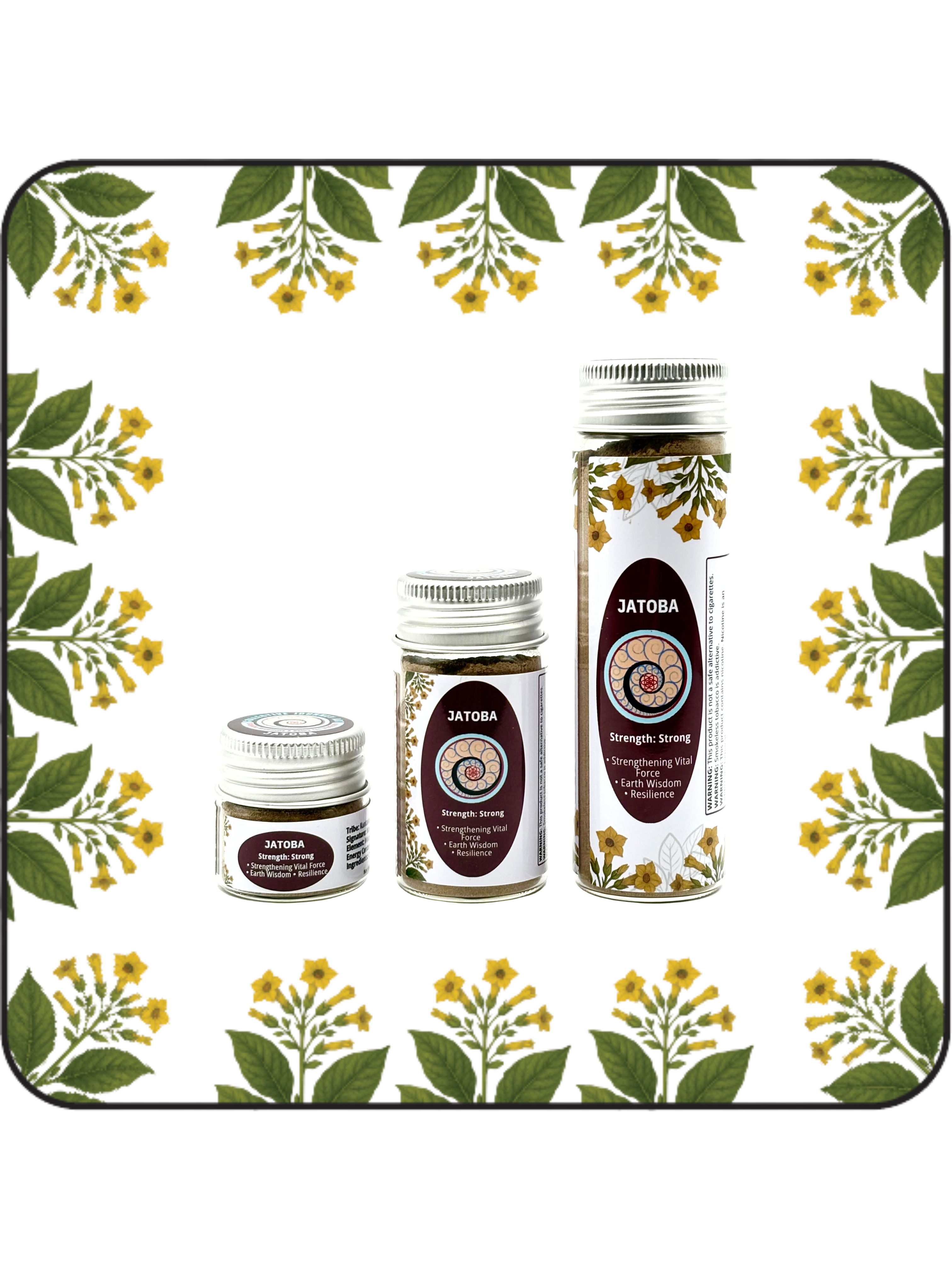 Three jars of Jatobá Hapé, Sacred Amazonian hapé in Small (6g), Medium (16g), and Large (32g) sizes.