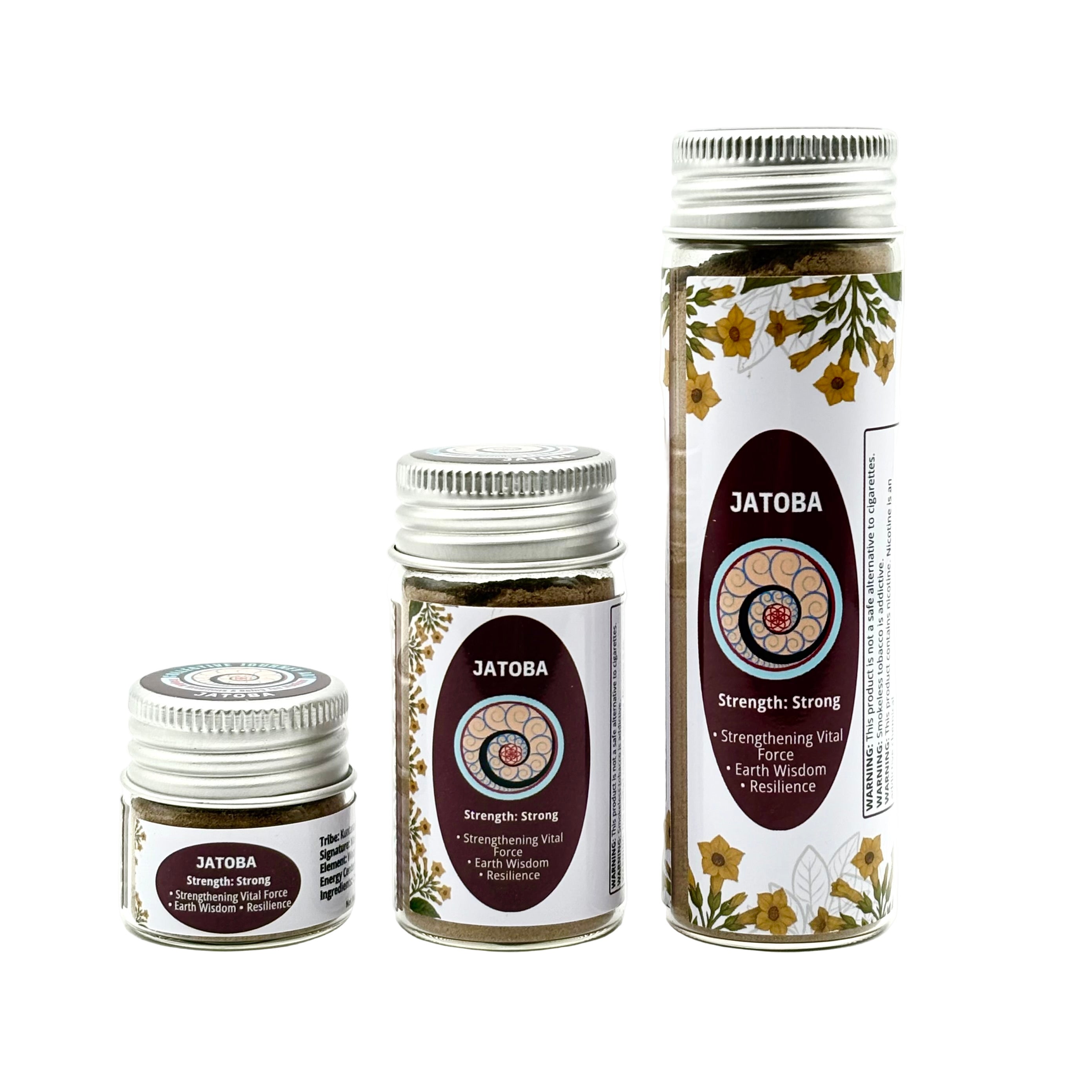 Three jars of Jatobá Hapé, Sacred Amazonian hapé in Small (6g), Medium (16g), and Large (32g) sizes.