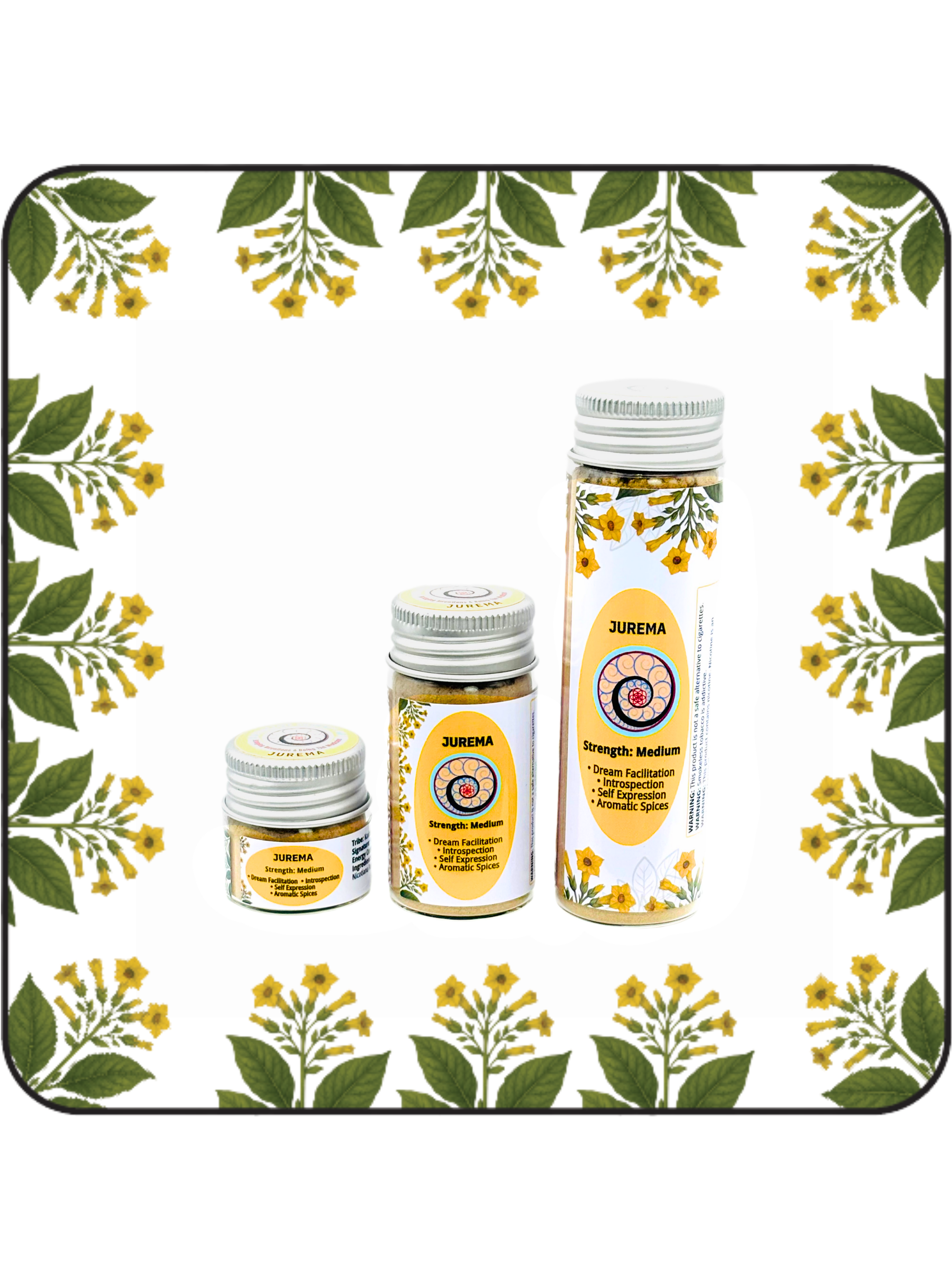 Three Hapé Jurema Rapé bottles in small, medium, and large sizes on a white background — handcrafted Amazonian blend from Collective Journey Art.