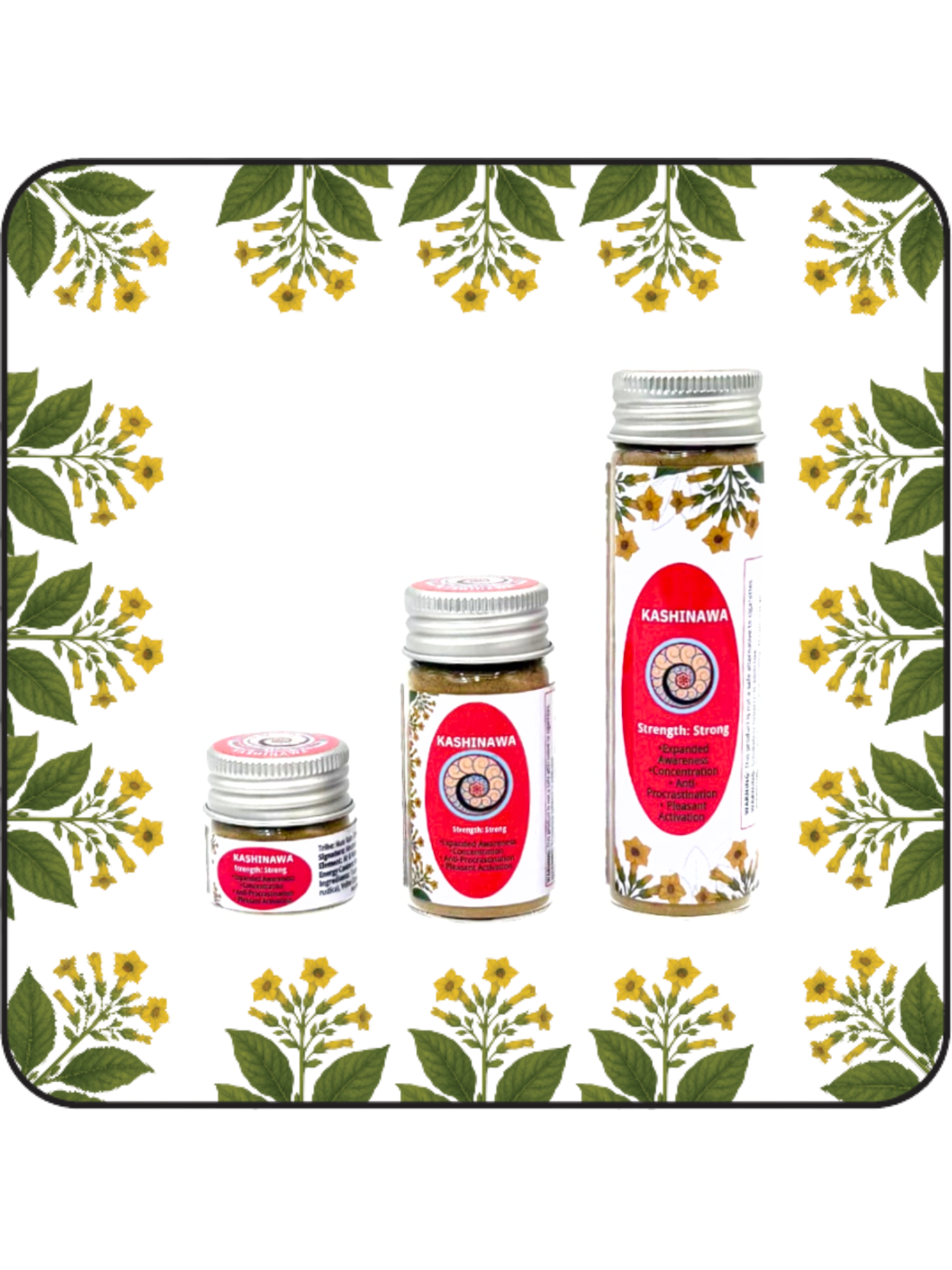 Three jars of Kashinawa Hapé in Small (6g), Medium (16g), and Large (32g) jars, used for expanded awareness and concentration.