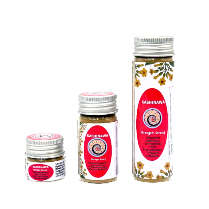 Three jars of Kashinawa Hapé in Small (6g), Medium (16g), and Large (32g) jars, used for expanded awareness and concentration.