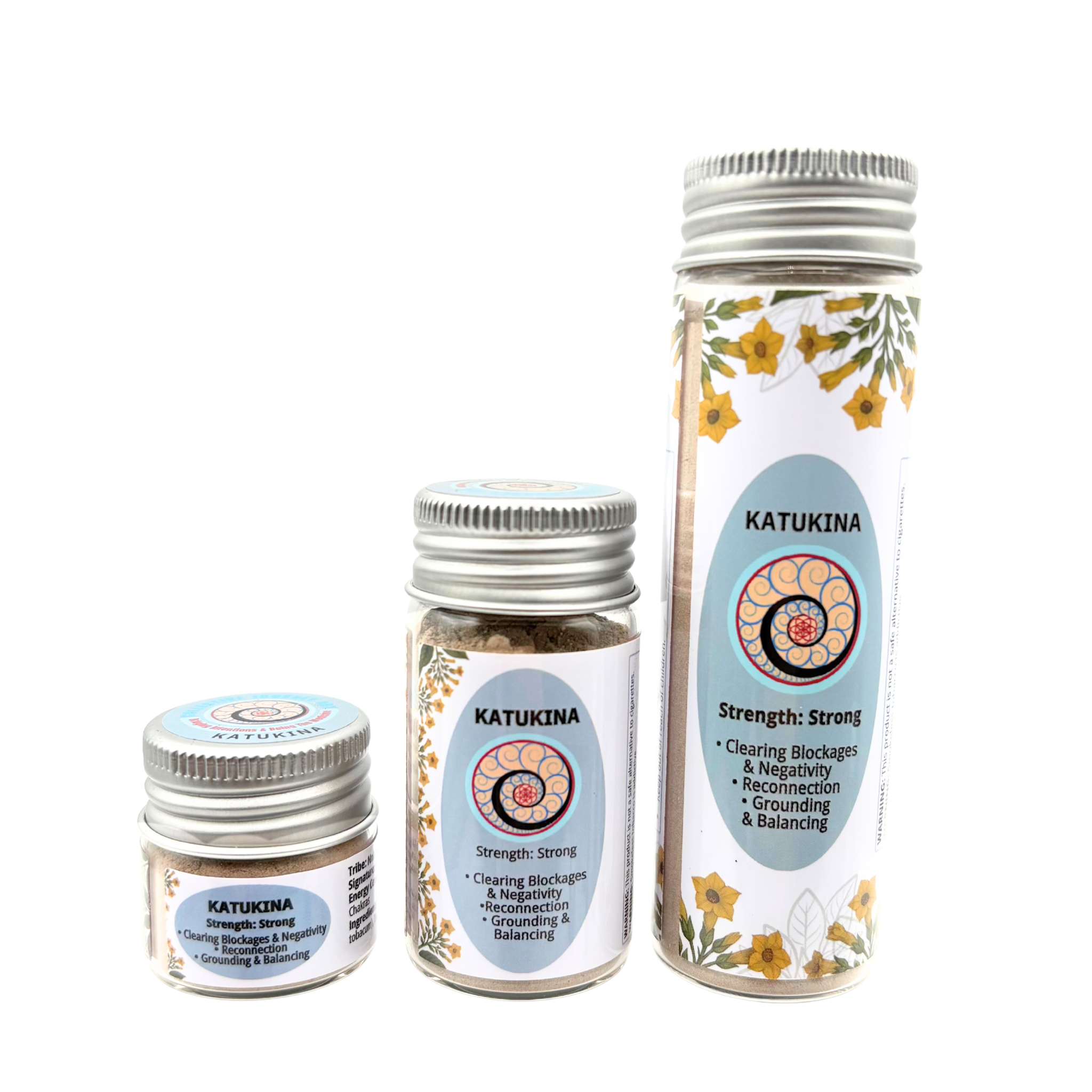 Three glass jars of Katukina Hapé displayed side by side on a natural background — showcasing the new design, earthy tones, and grounded essence of the Amazonian Katukina hapé or rapé blend.