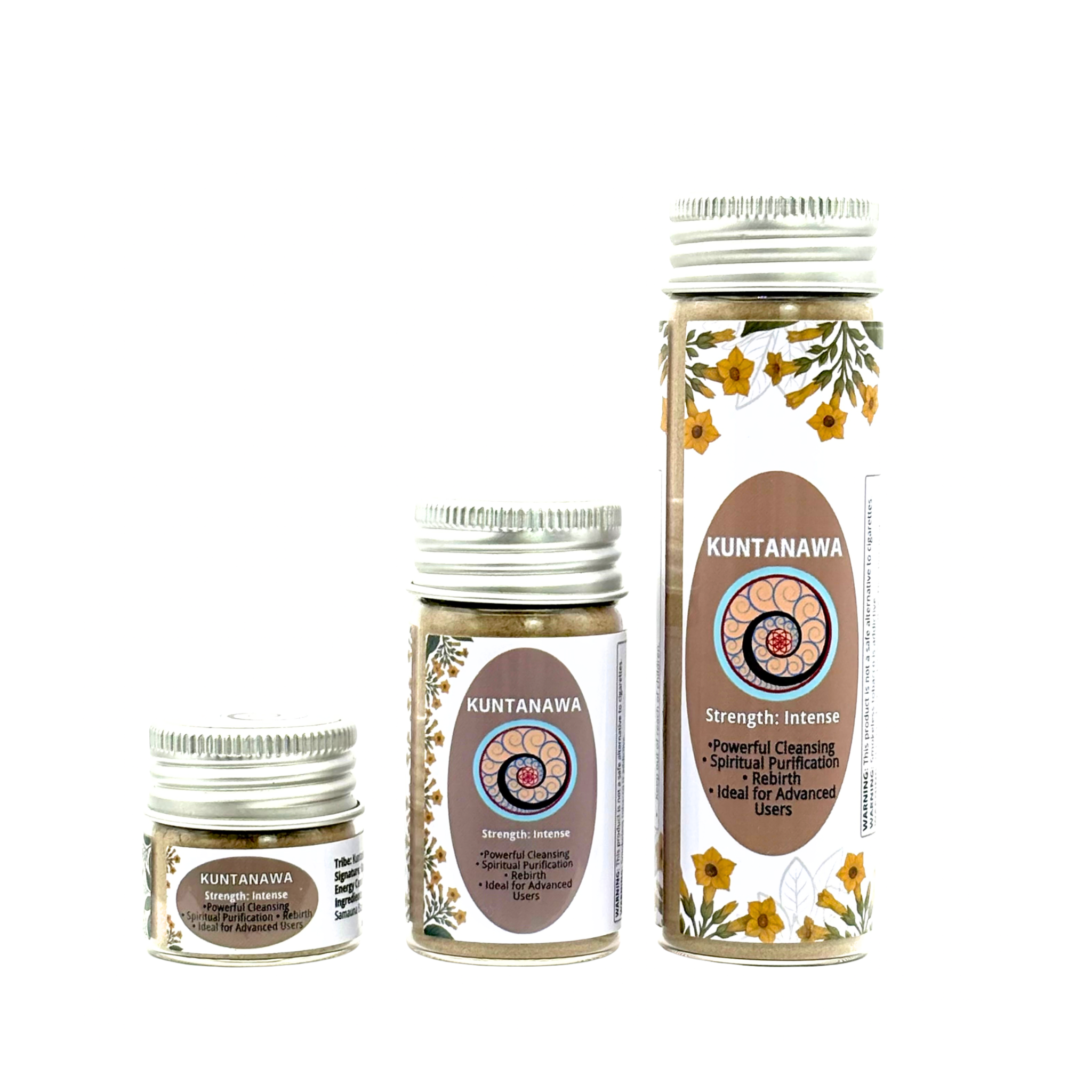 Three jars of Kuntanawa Hapé or Rapé in Small (6g), Medium (16g), and Large (32g) sizes handcrafted by the Kuntanawa people, known as the People of the Palm, for grounding, focus, and spiritual strength.