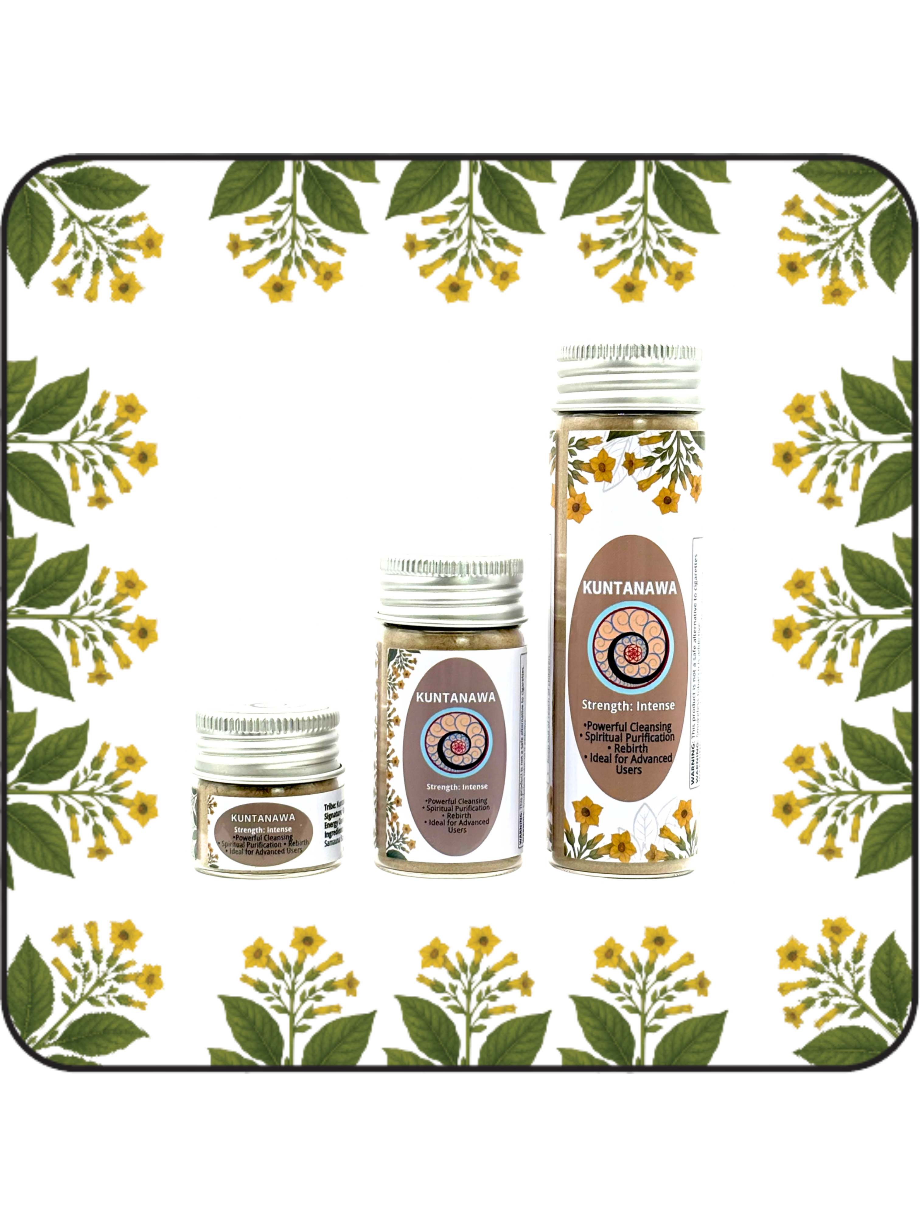 Three jars of Kuntanawa Hapé or Rapé in Small (6g), Medium (16g), and Large (32g) sizes handcrafted by the Kuntanawa people, known as the People of the Palm, for grounding, focus, and spiritual strength.