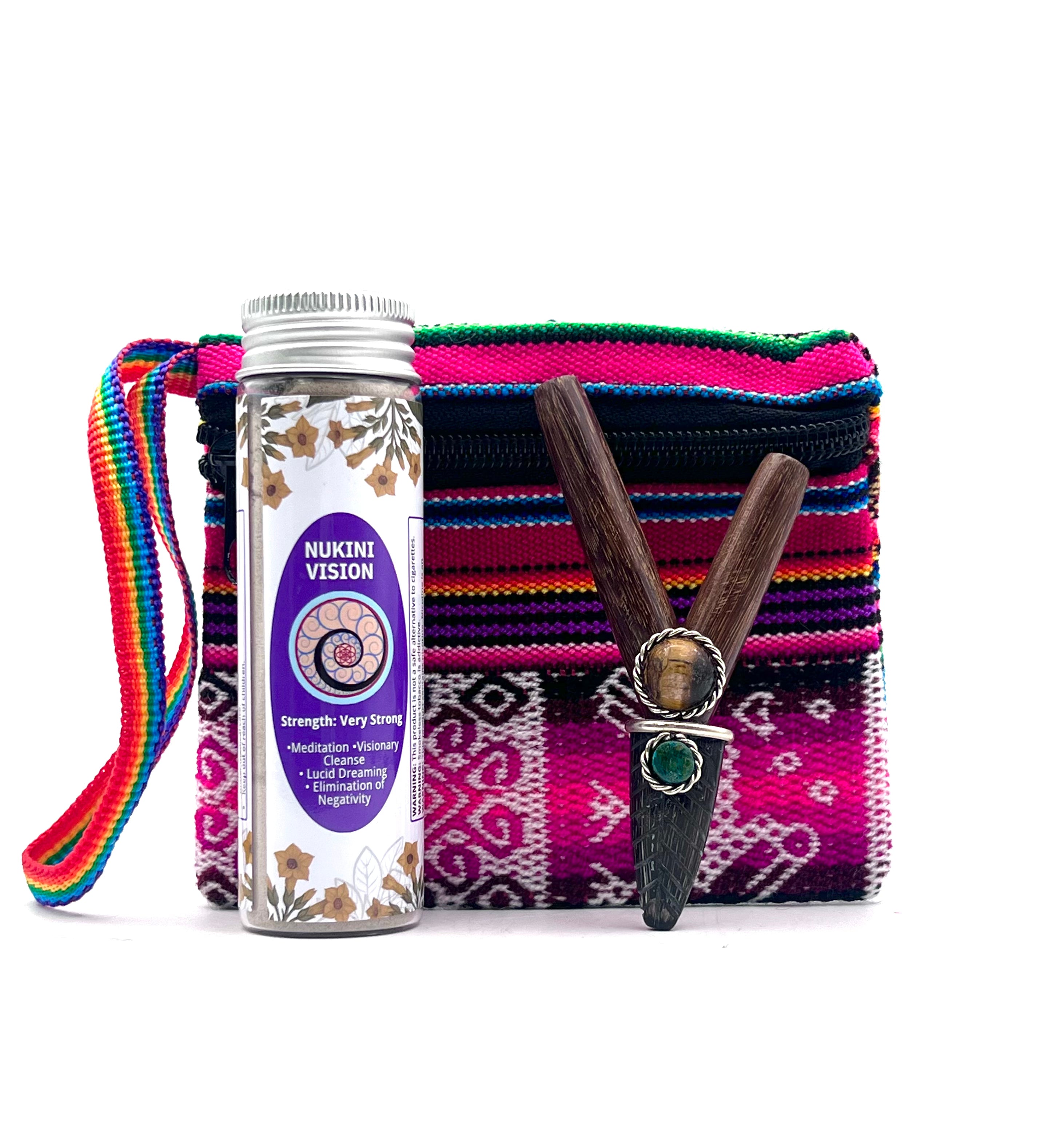 Large Hapé Bundle by Collective Journey Art — includes one large Nukini Vision hapé jar with a handcrafted wooden kuripe adorned with stone inlays and a pink woven artisan pouch with rainbow strap on a white background, symbolizing vision, clarity, and ceremonial connection.