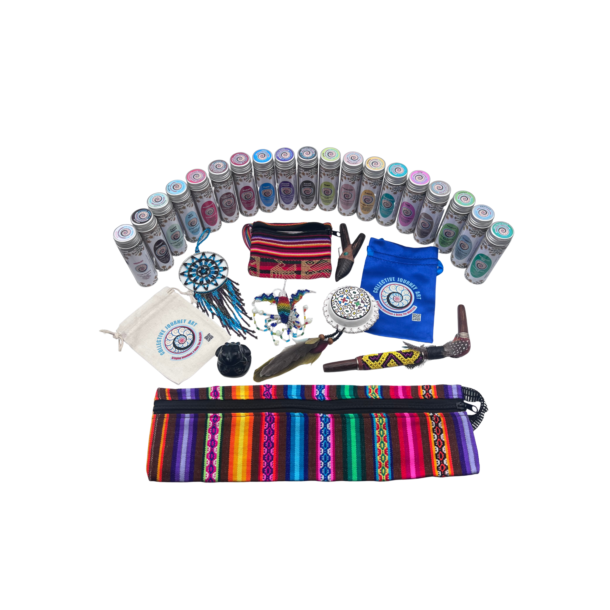Large Hapé Bottle Collection and Sacred Tools by Collective Journey Art — featuring 19 large Amazonian hapé jars with kuripes, tepis, woven pouches, beaded ornaments, and ceremonial accessories arranged on a white background, representing a complete Indigenous medicine altar.