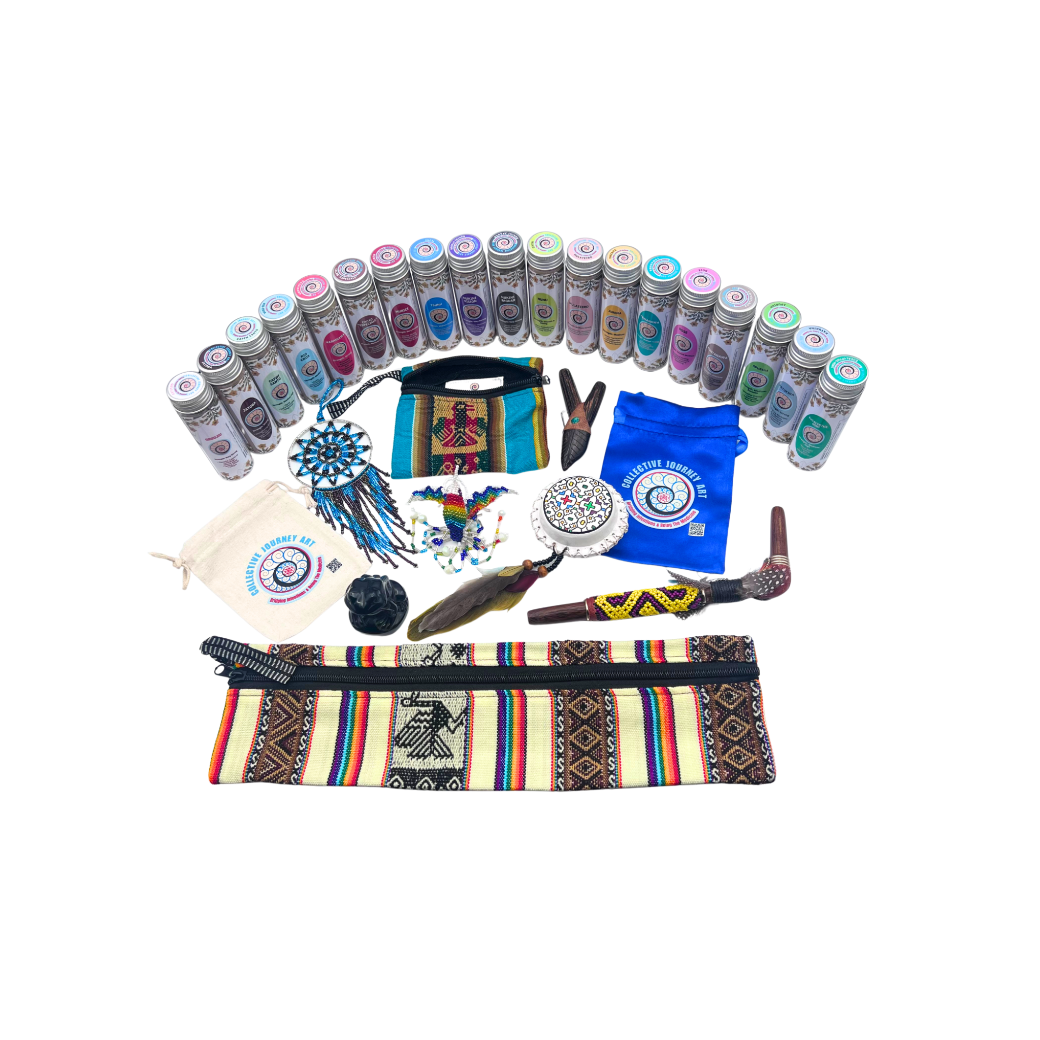 Large Hapé Bottle Collection and Sacred Tools by Collective Journey Art — featuring 19 large Amazonian hapé jars with kuripes, tepis, woven pouches, beaded ornaments, and ceremonial accessories arranged on a white background, representing a complete Indigenous medicine altar.