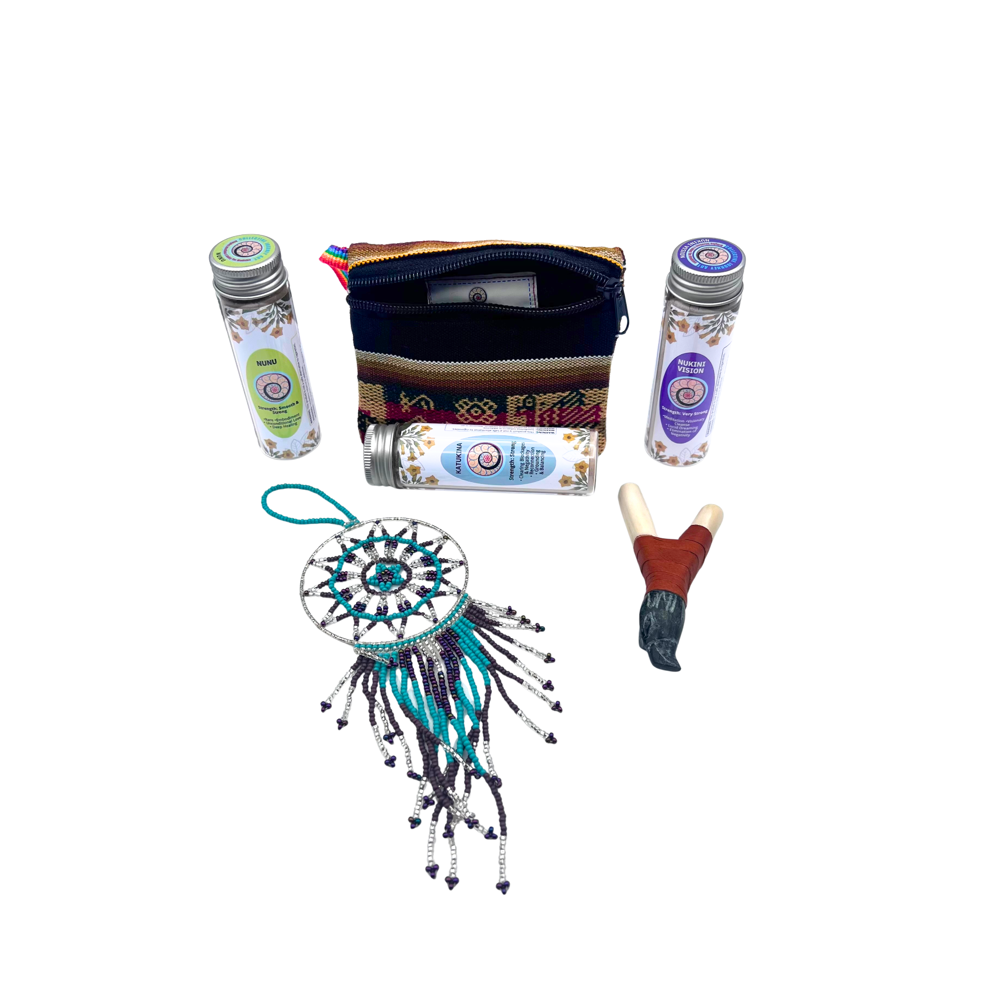 Large Jar (32g) Hapé Bundle by Collective Journey Art — includes three large hapé jars (Nunu, Nukini Vision, and Katukina) arranged with a handcrafted wooden kuripe, woven artisan pouch, and turquoise-and-purple beaded dreamcatcher on a white background, symbolizing clarity, grounding, and visionary prayer.