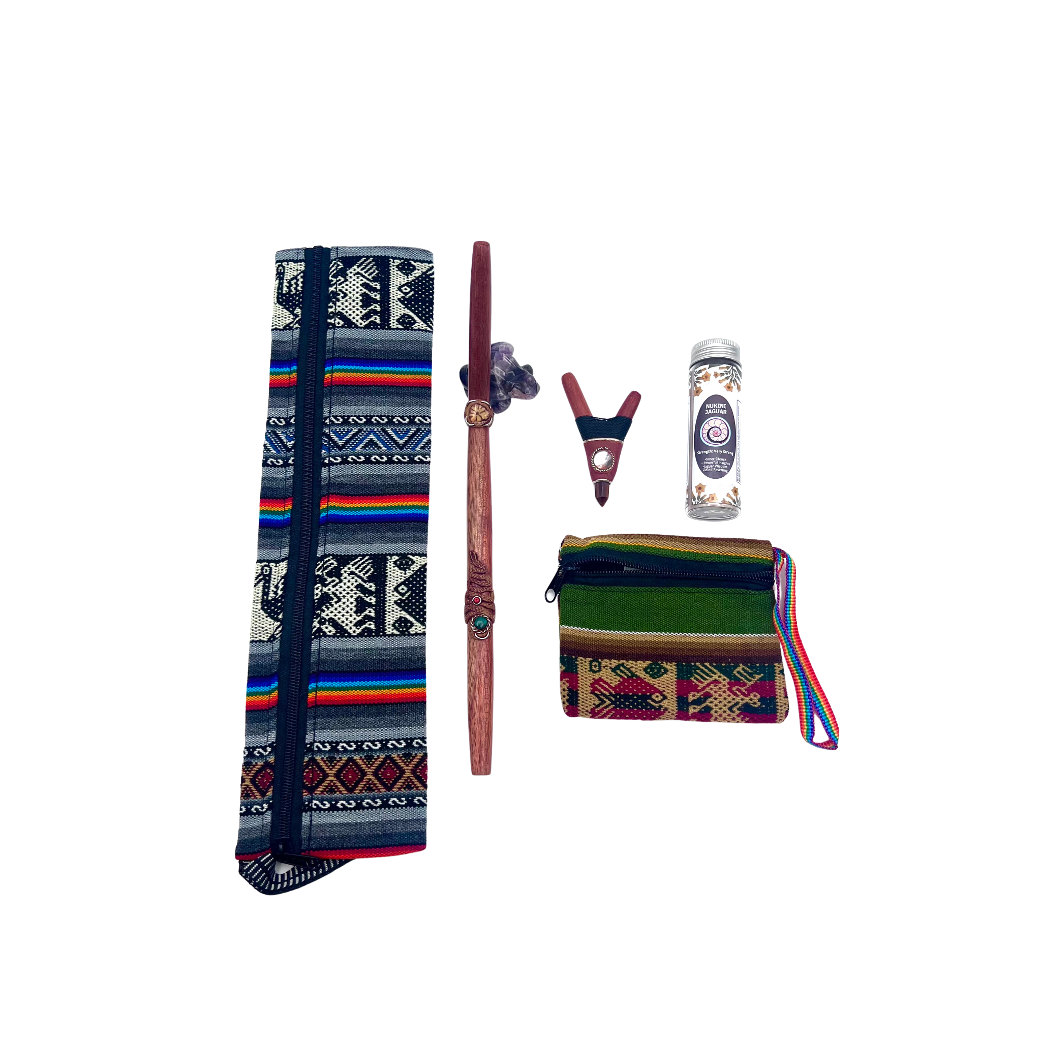 Large Hapé Bundle featuring a 32g jar of hapé, handcrafted Red Rocket Kuripe, Four Woods Tepi, and two woven medicine bags — a complete sacred ceremonial kit for grounding and clarity