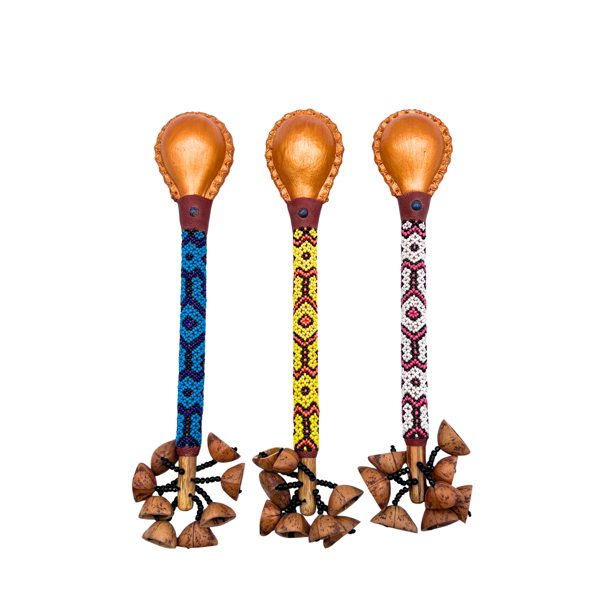 Maraca Sona Rattle & Shaker, handcrafted with Shipibo beadwork and Amazonian seeds, shells. A ceremonial instrument of rhythm, harmony, and prayer.