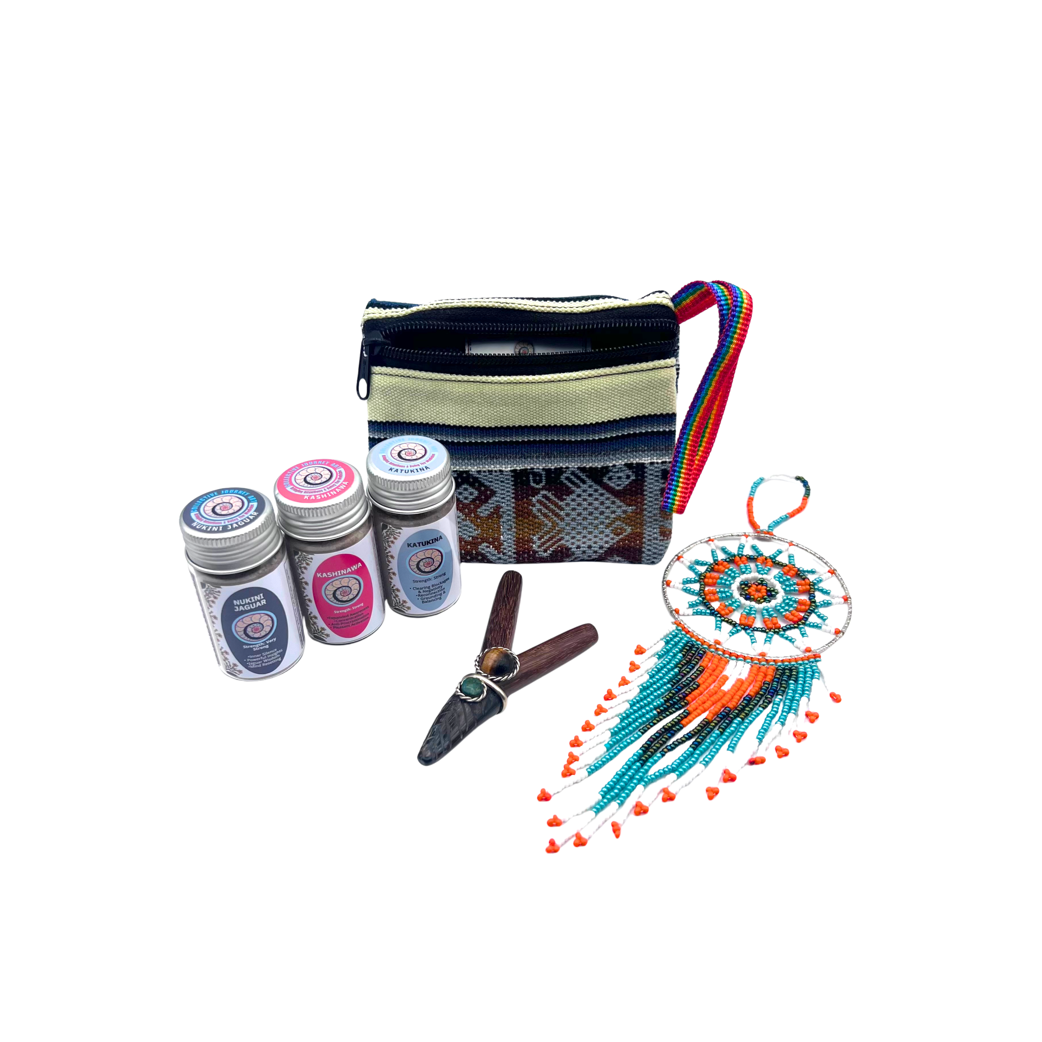 Medium Hapé Bundle by Collective Journey Art — includes three medium hapé blends (Nukini Jaguar, Kashinawa, and Katukina) arranged with a handcrafted wooden kuripe, woven artisan pouch, and beaded dreamcatcher on a white background, symbolizing sacred strength, prayer, and connection.