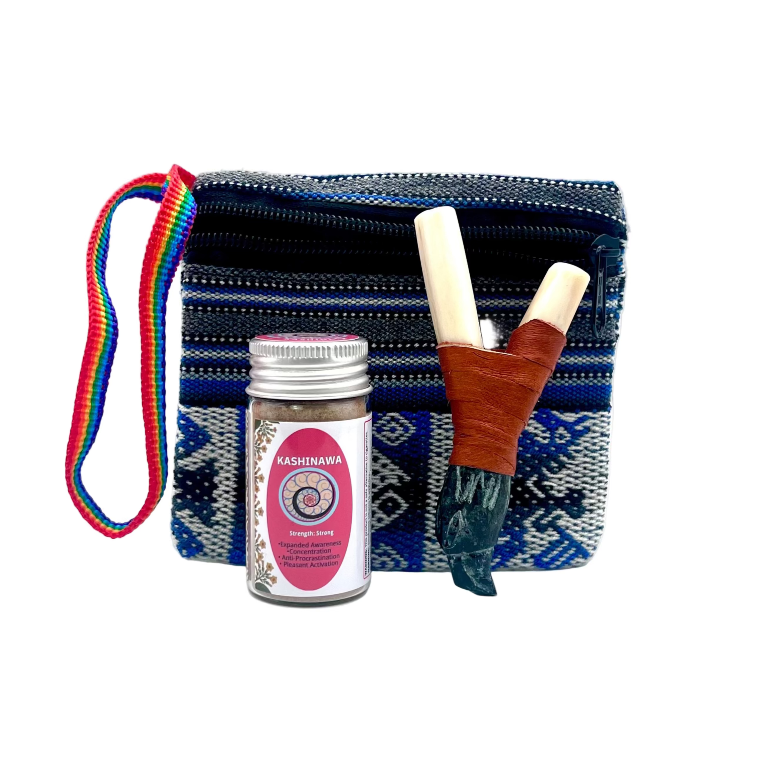 Medium Hapé Bundle by Collective Journey Art — includes one medium Kashinawa hapé jar, a handcrafted wooden kuripe wrapped in leather, and a blue-patterned woven artisan pouch with rainbow strap on a white background, symbolizing focus, clarity, and sacred ceremony.
