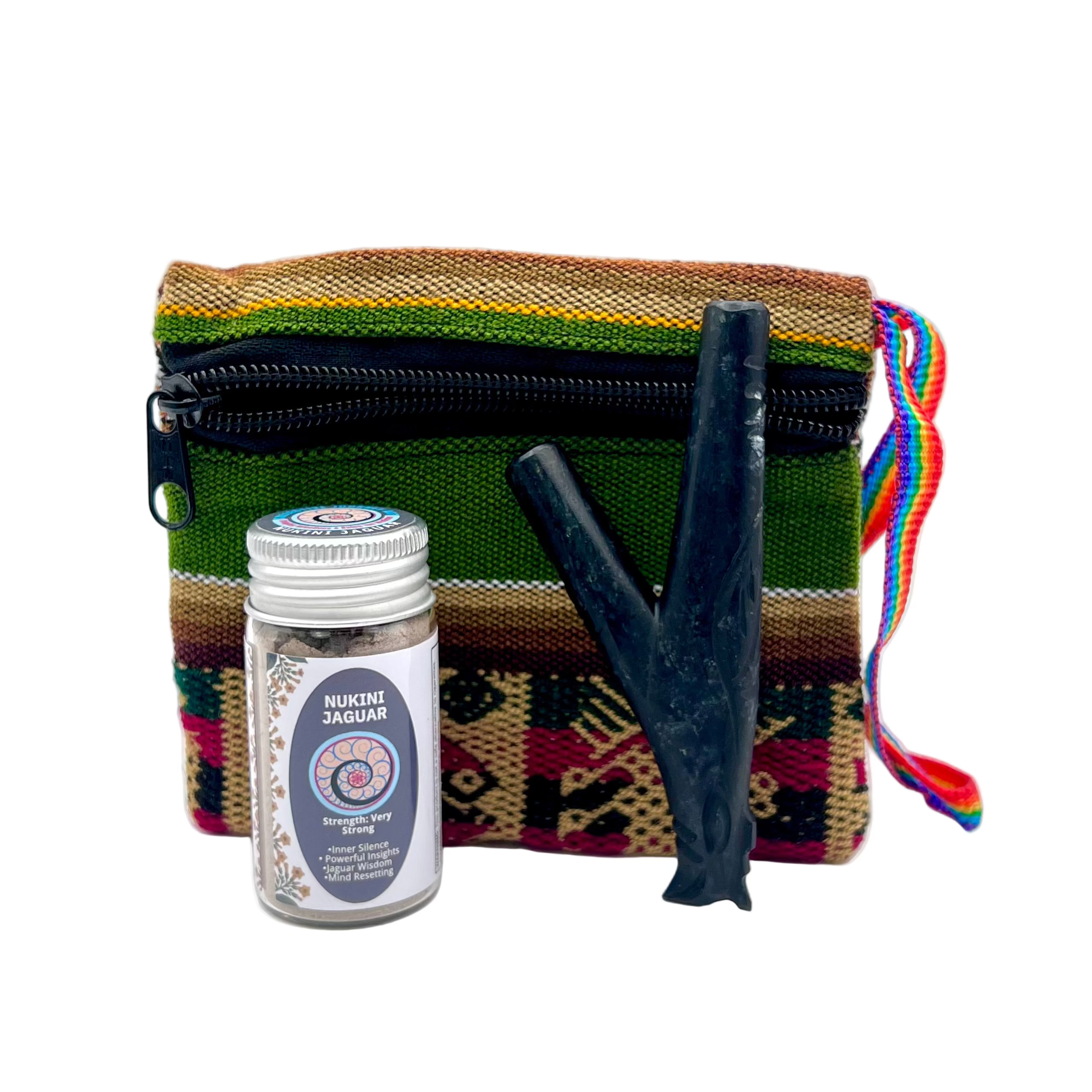 Medium Hapé Bundle by Collective Journey Art — includes one medium Nukini Jaguar hapé jar with a handcrafted dark wooden kuripe and a green woven artisan pouch with rainbow strap on a white background, symbolizing strength, grounding, and sacred connection.