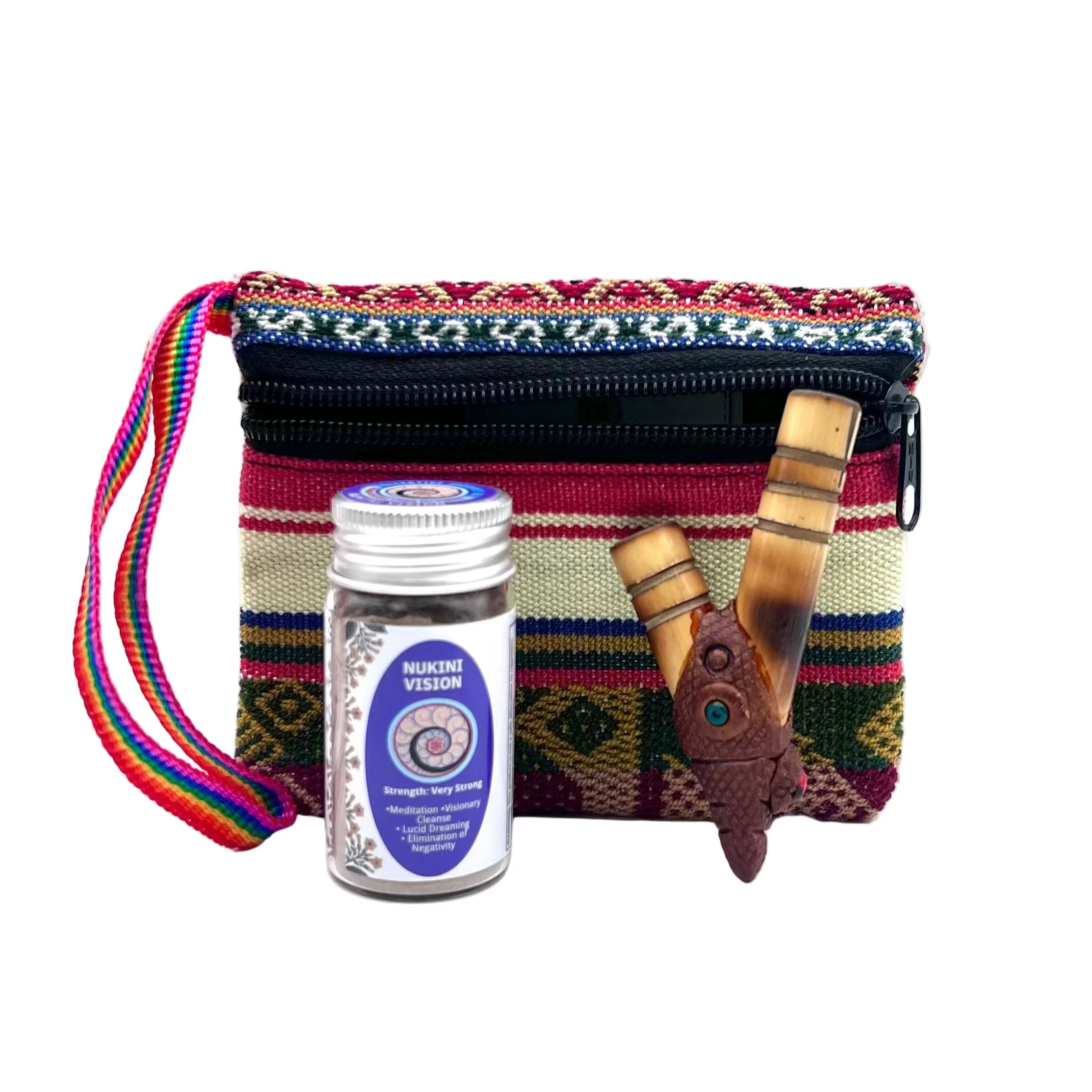 Medium Hapé Bundle by Collective Journey Art — includes one medium Nukini Vision hapé jar, a handcrafted wooden kuripe, and a red-and-green woven artisan pouch with rainbow strap on a white background, symbolizing clarity, meditation, and connection to spirit