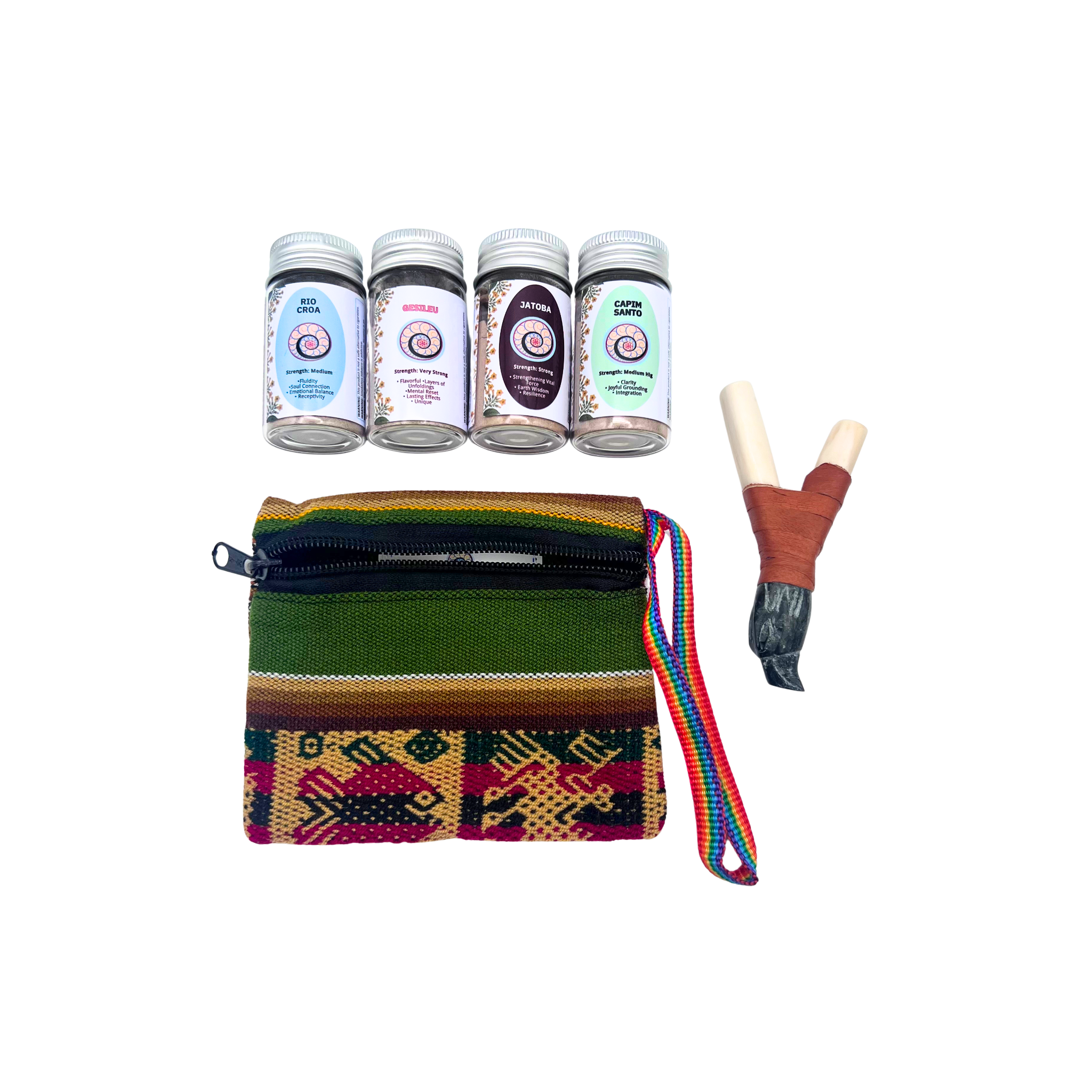 Medium Jar (16g) Hapé Bundle by Collective Journey Art — includes four medium hapé jars (Rio Croa, Gesileu, Jatobá, and Capim Santo) arranged with a handcrafted wooden kuripe and a green woven artisan pouch with rainbow strap on a white background, representing grounding, renewal, and spiritual harmony.